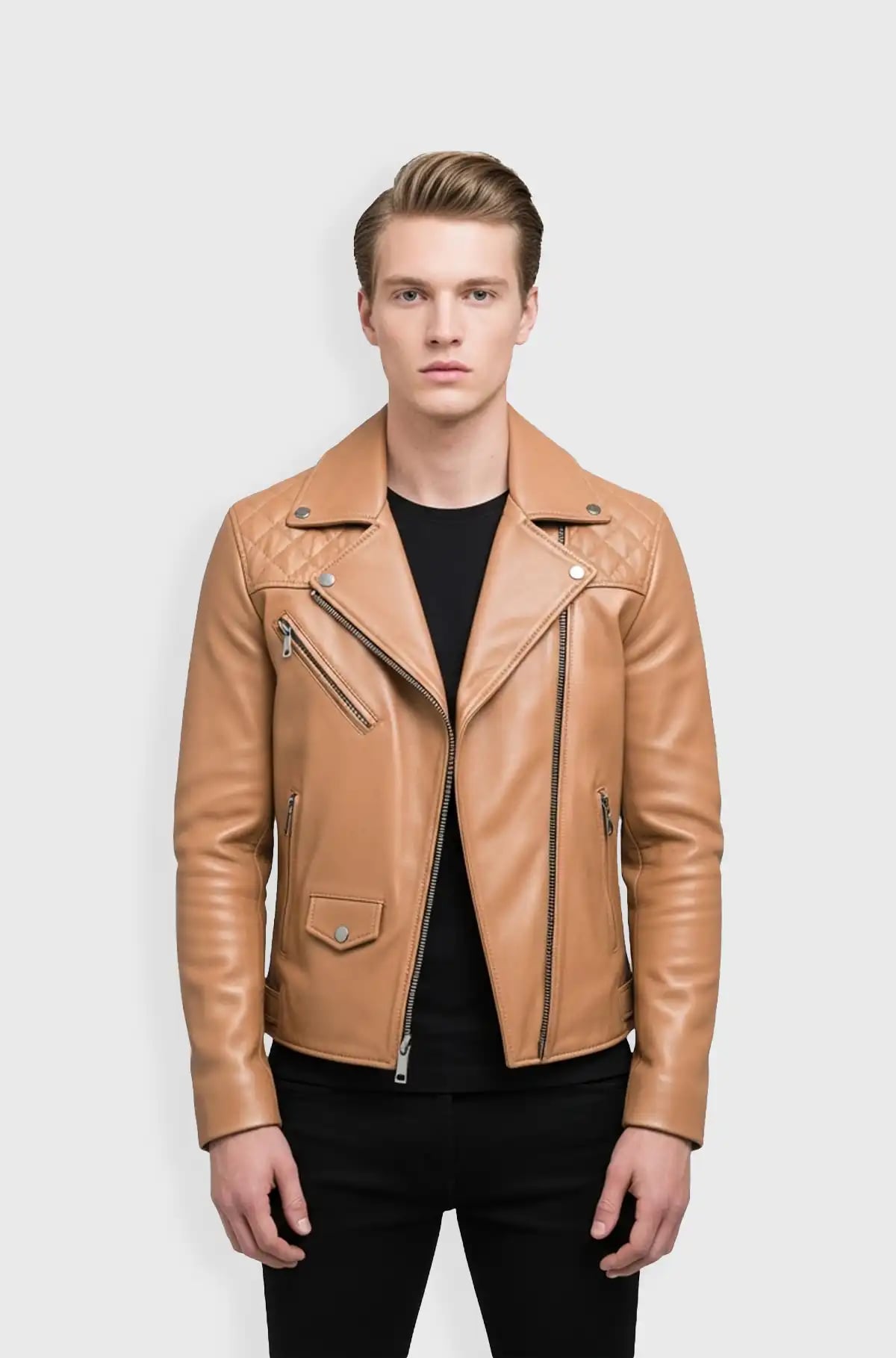 Classic Quilted Tan Biker Jacket