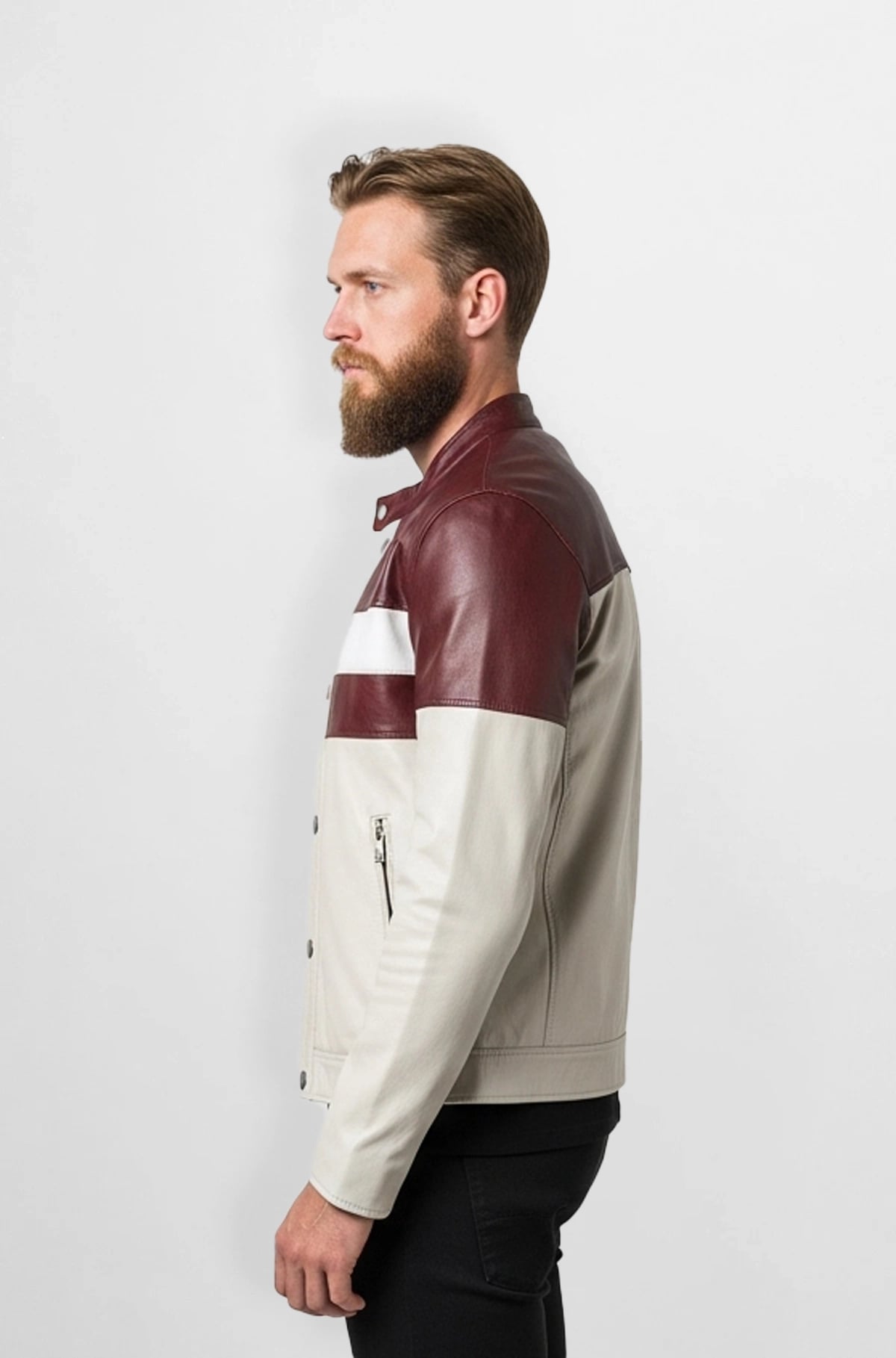 Cream And Maroon Leather Biker Jacket
