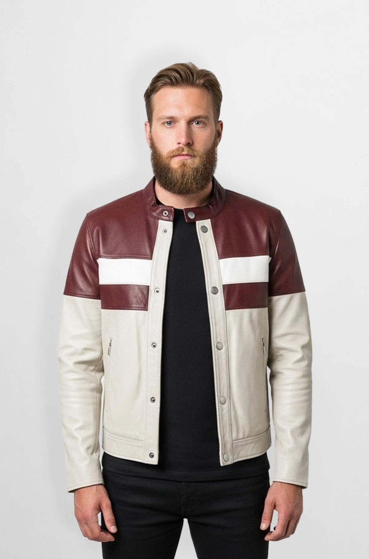 Cream And Maroon Leather Biker Jacket