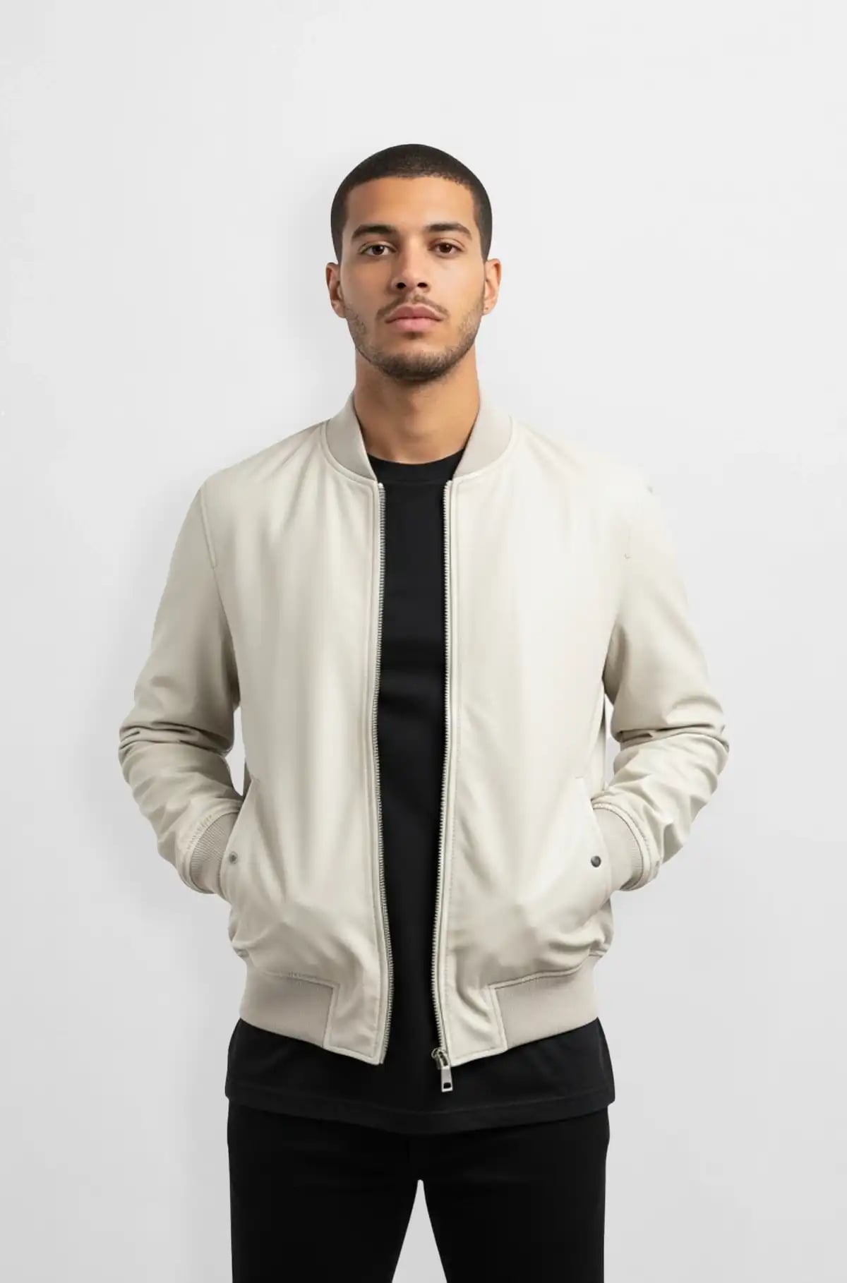 Cream Bomber Leather Jacket for Men