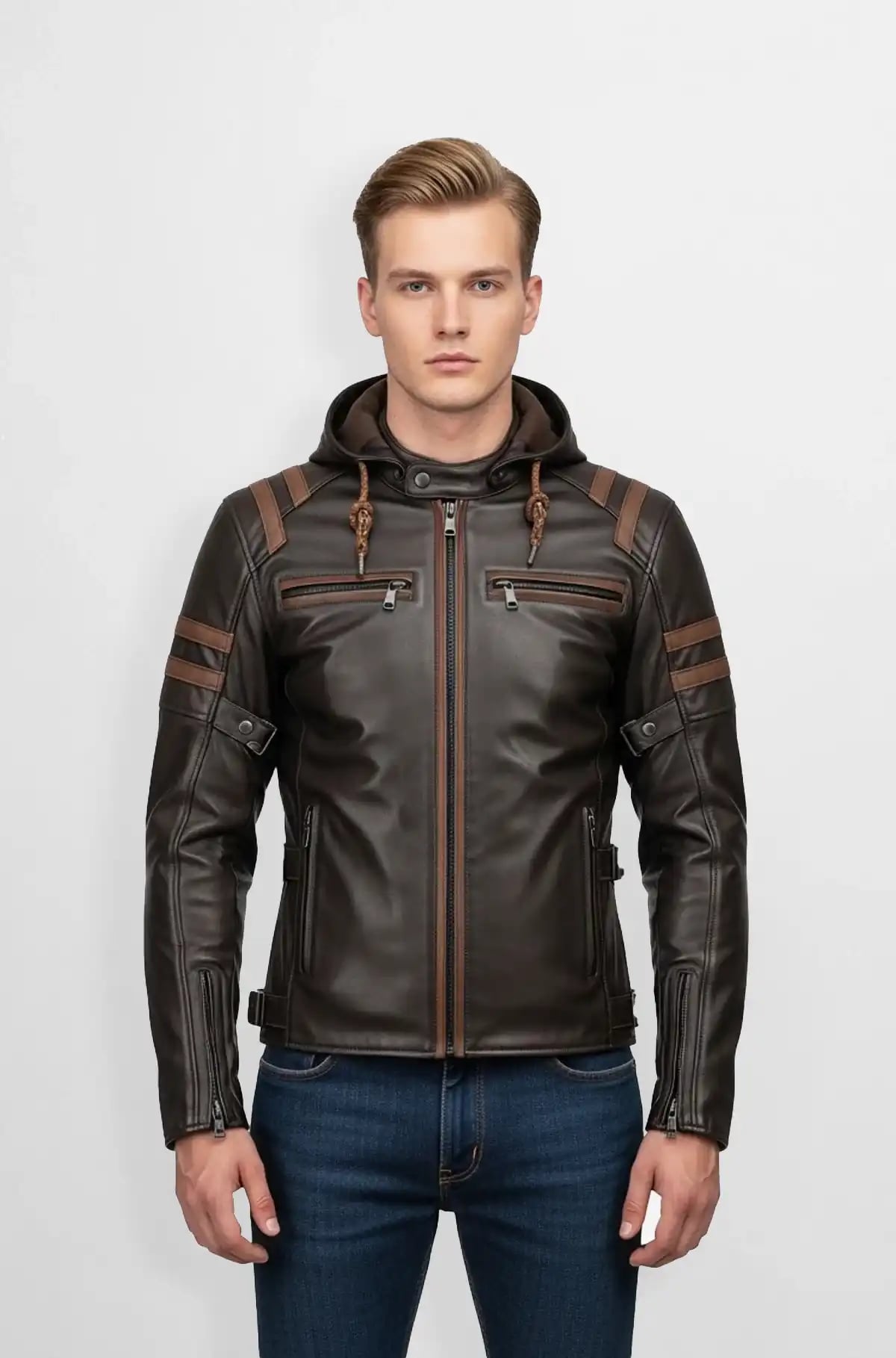 Dark Brown Leather Hooded Biker Jacket