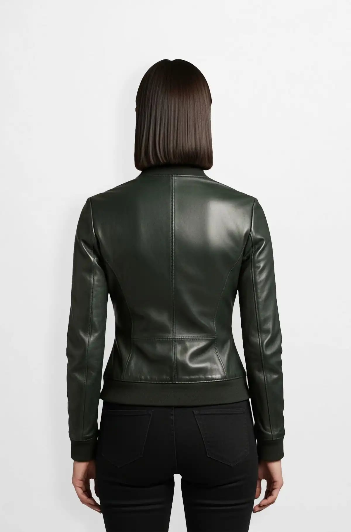 Dark Green Leather Bomber Jacket