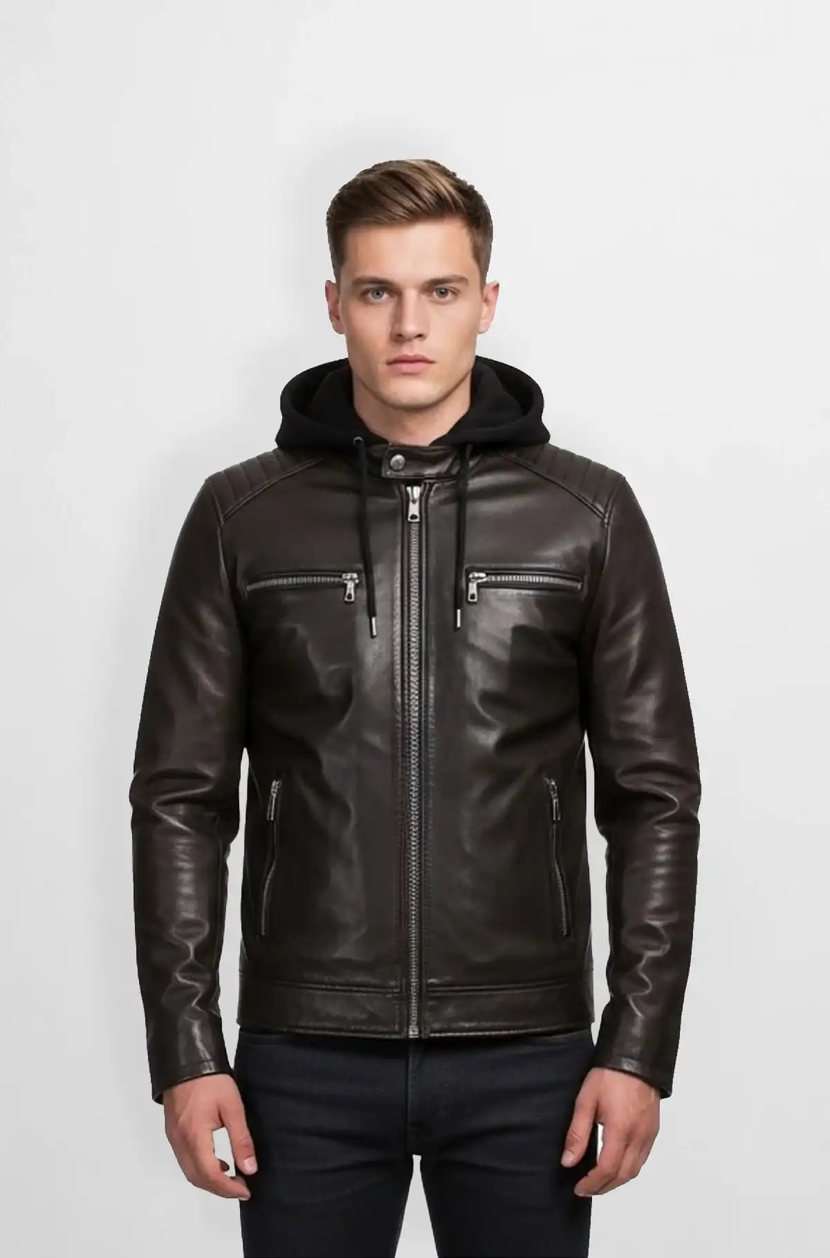 Deep Brown Leather Jacket with Hood