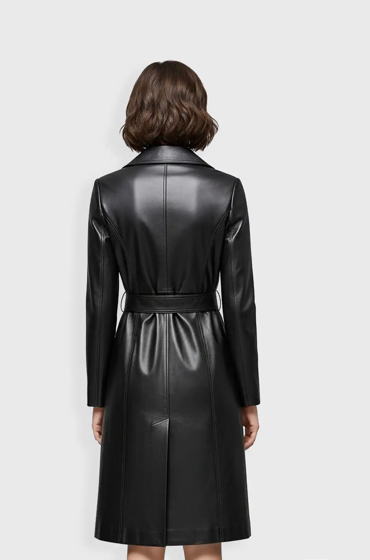 Women Genuine Black Leather Trench Coat