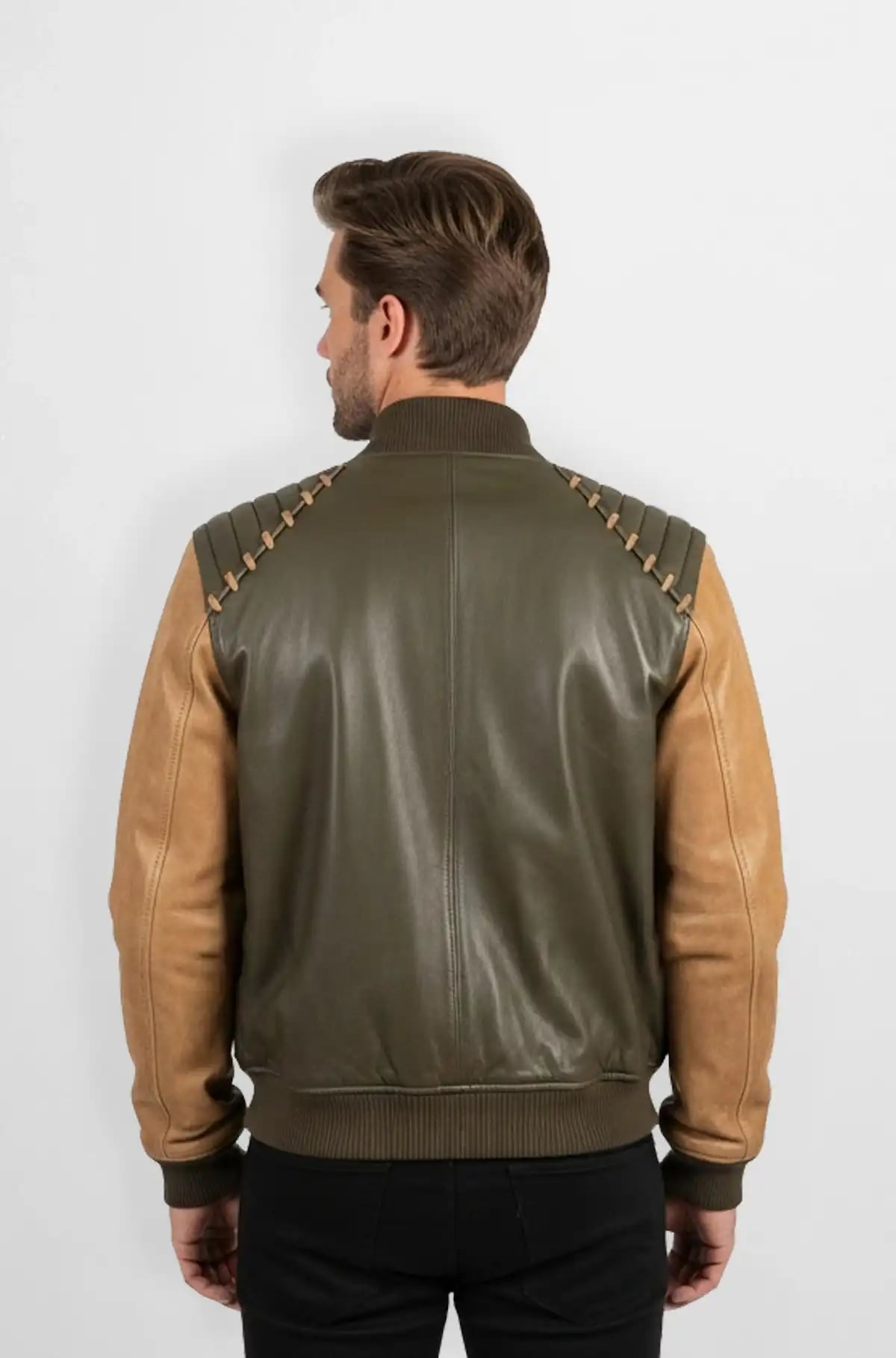 Green and Tan Leather Bomber Jacket