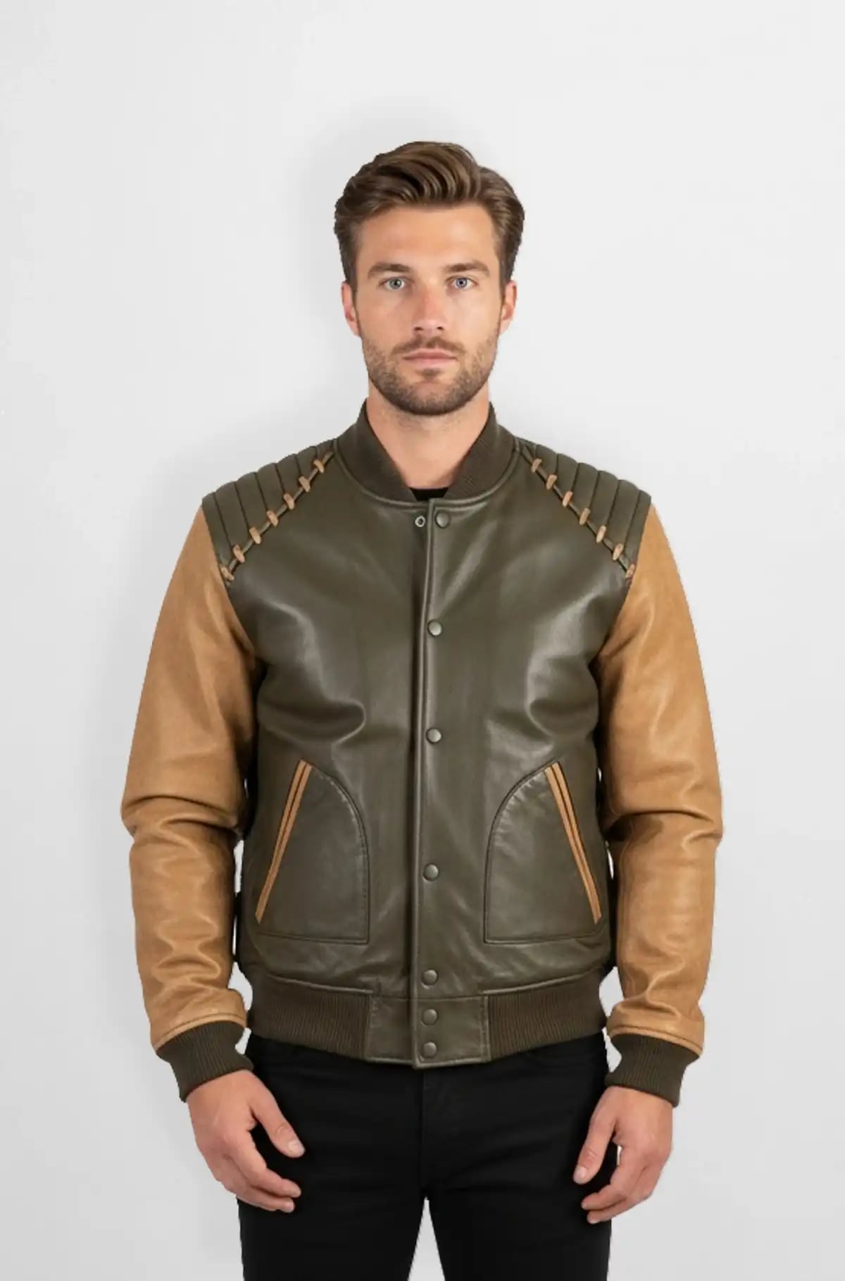 Green and Tan Leather Bomber Jacket