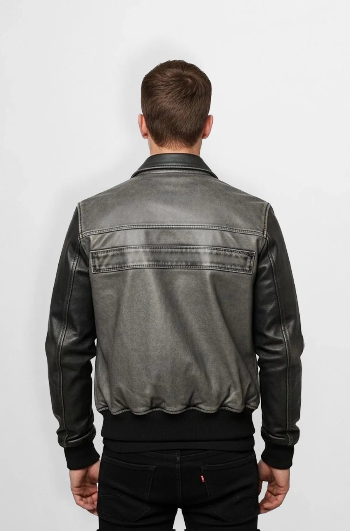 Grey And Black Leather Aviator Jacket