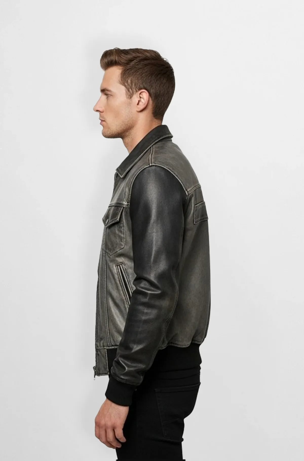 Grey And Black Leather Aviator Jacket