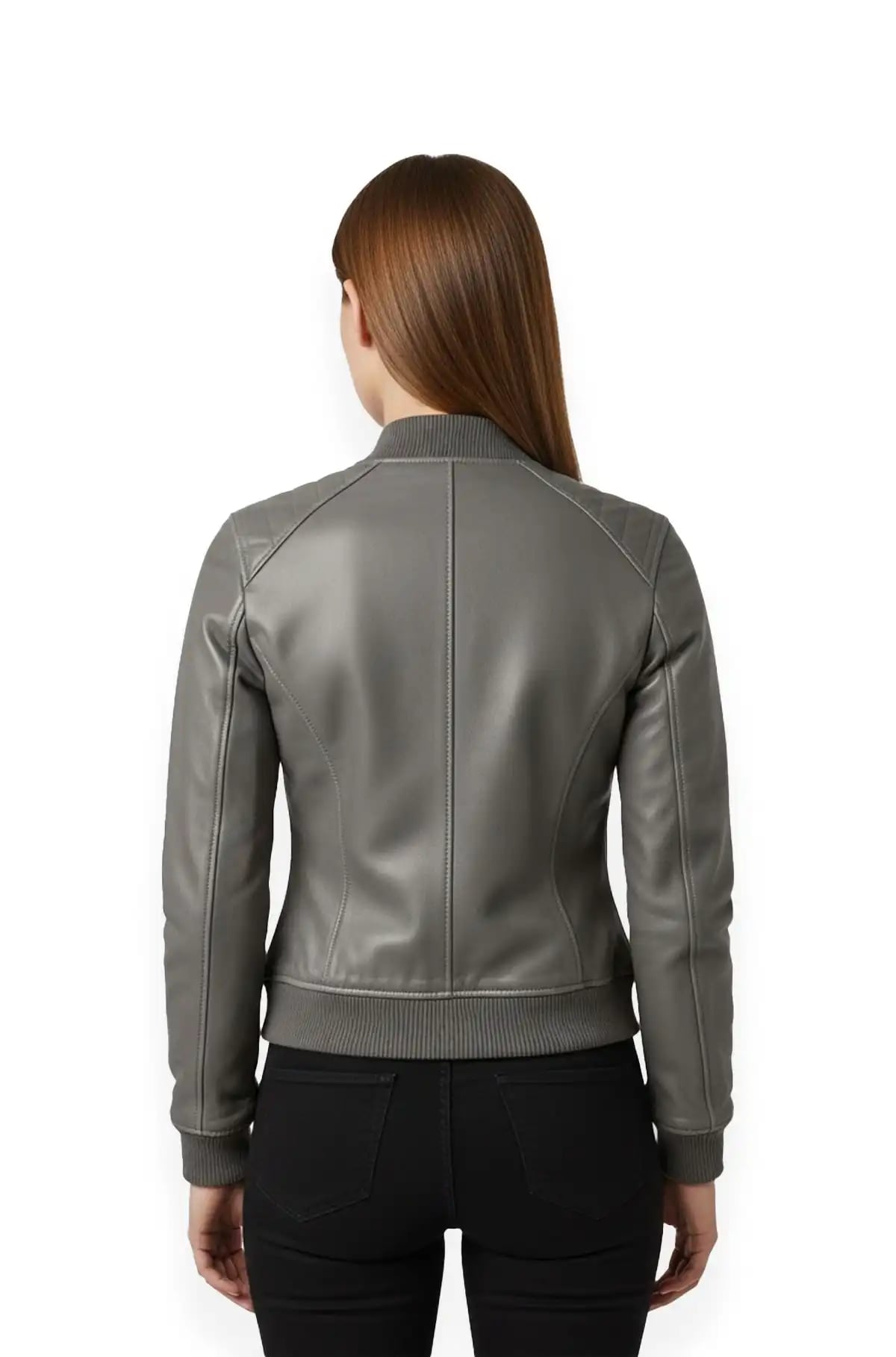 Grey Leather Bomber Jacket