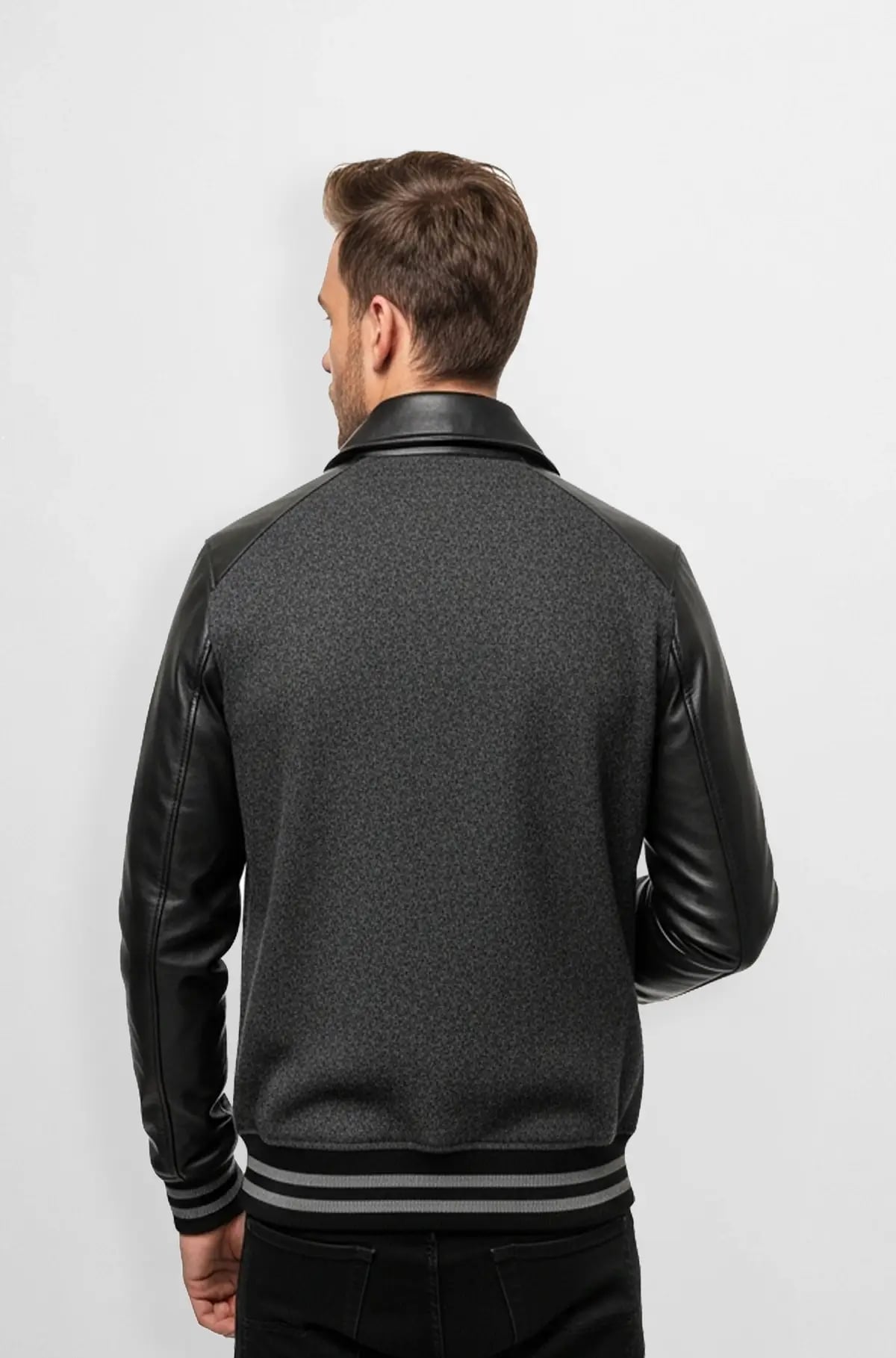 Grey Leather Bomber Jacket for Men