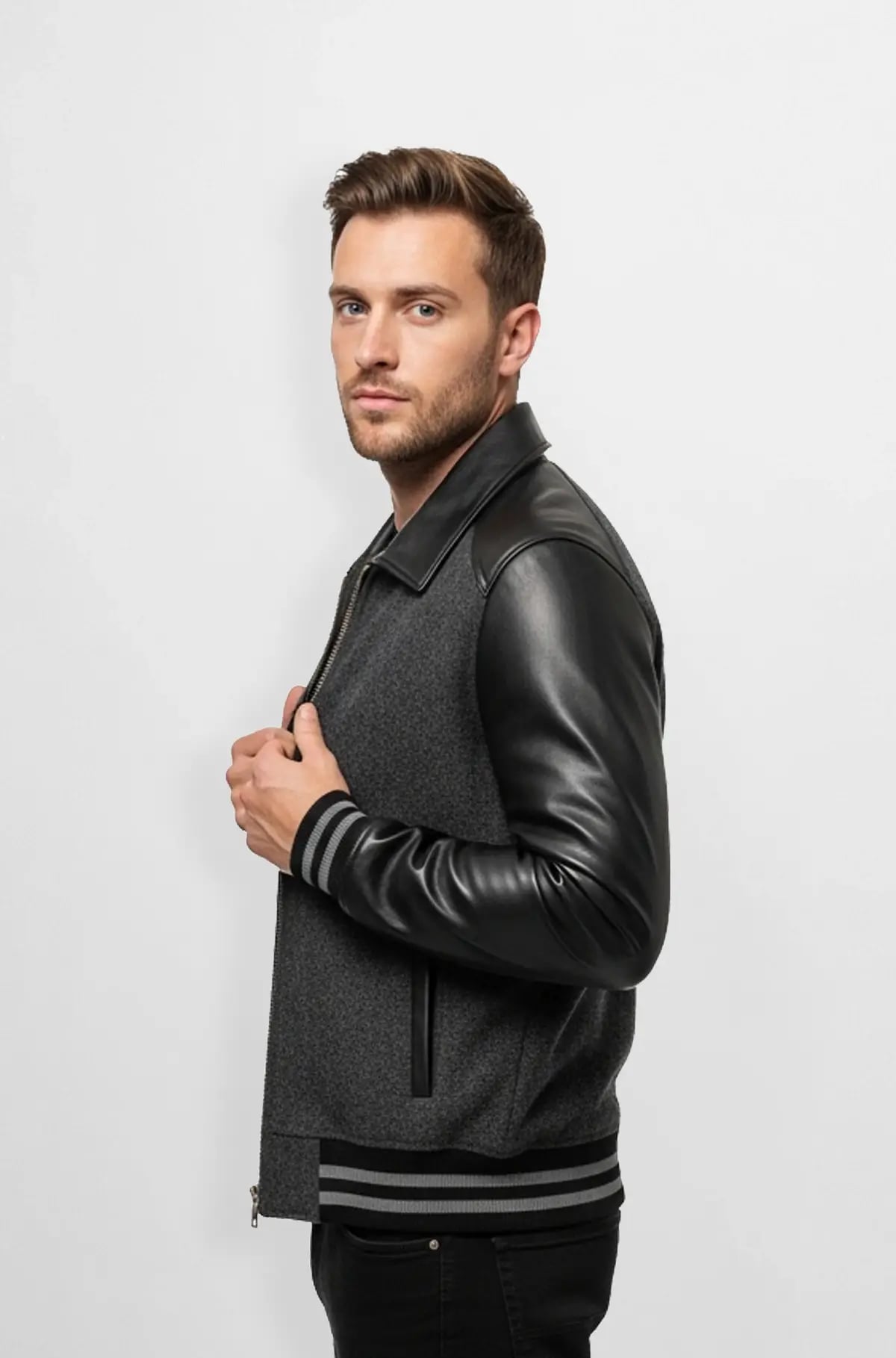 Grey Leather Bomber Jacket for Men