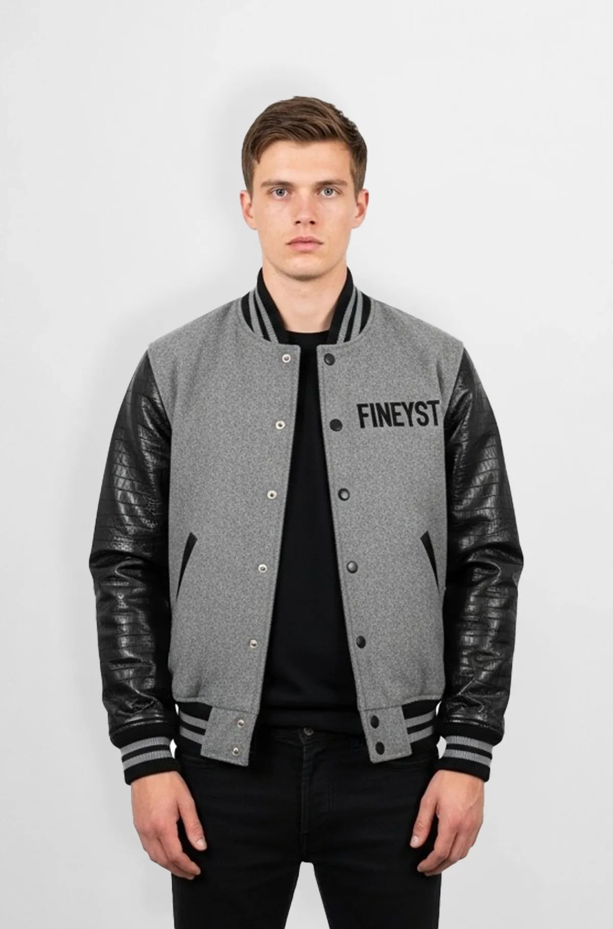 Grey Leather Wool Varsity Jacket