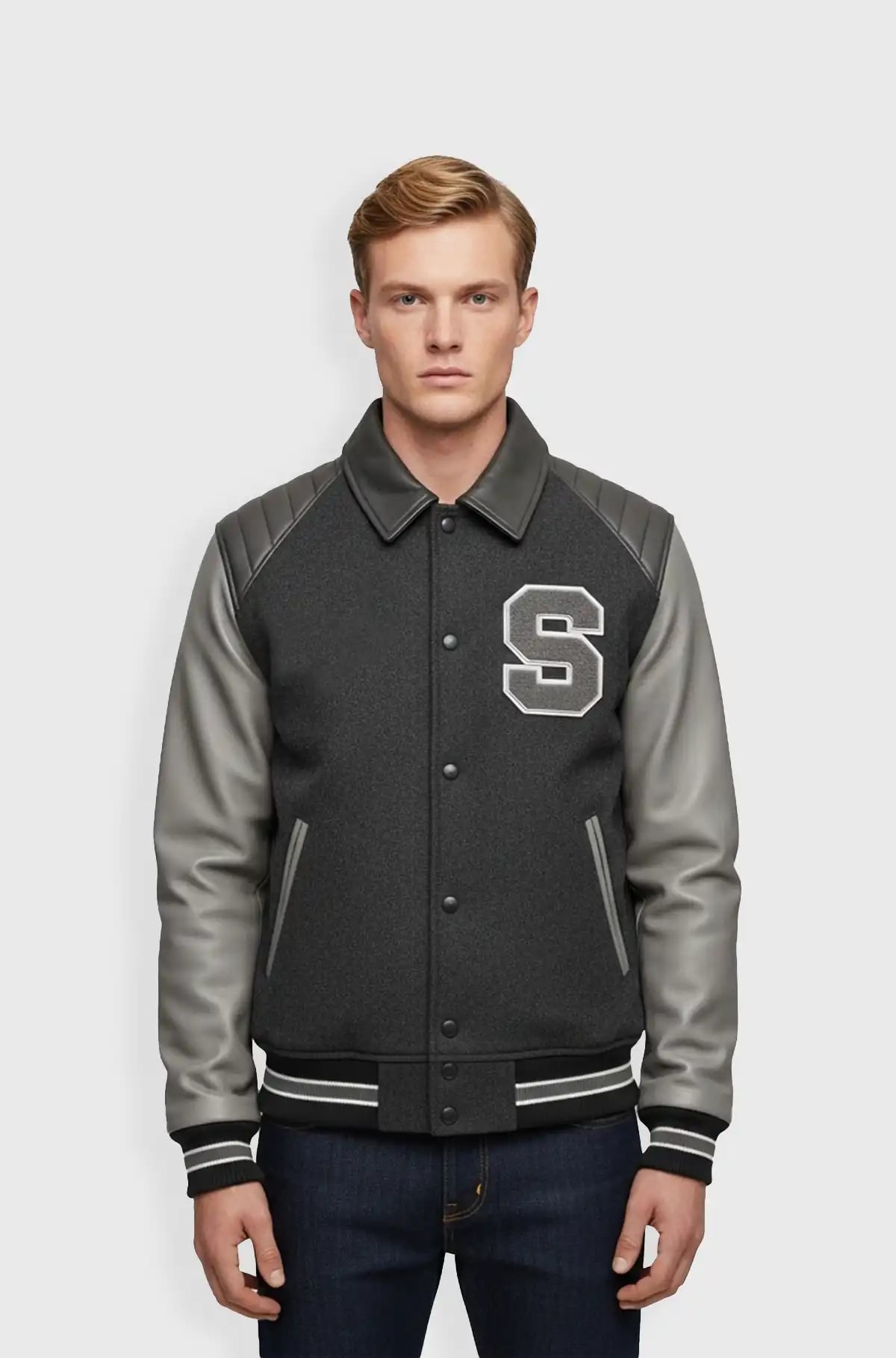 Grey Wool Leather Letterman Varsity Jacket