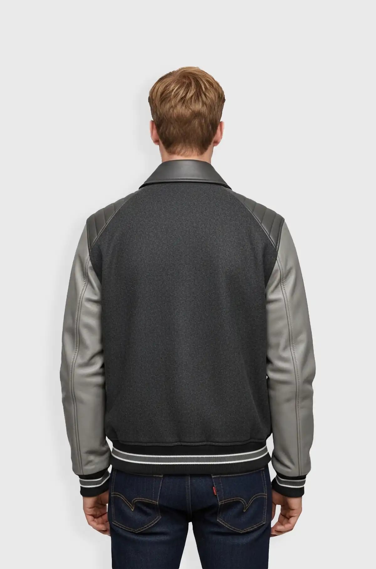 Grey Wool Leather Letterman Varsity Jacket