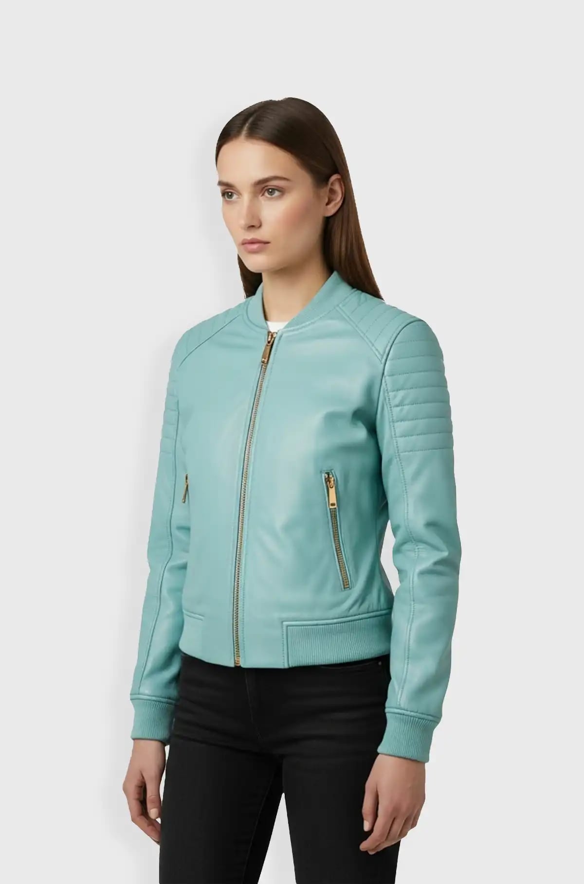 Light Blue Leather Bomber Jacket