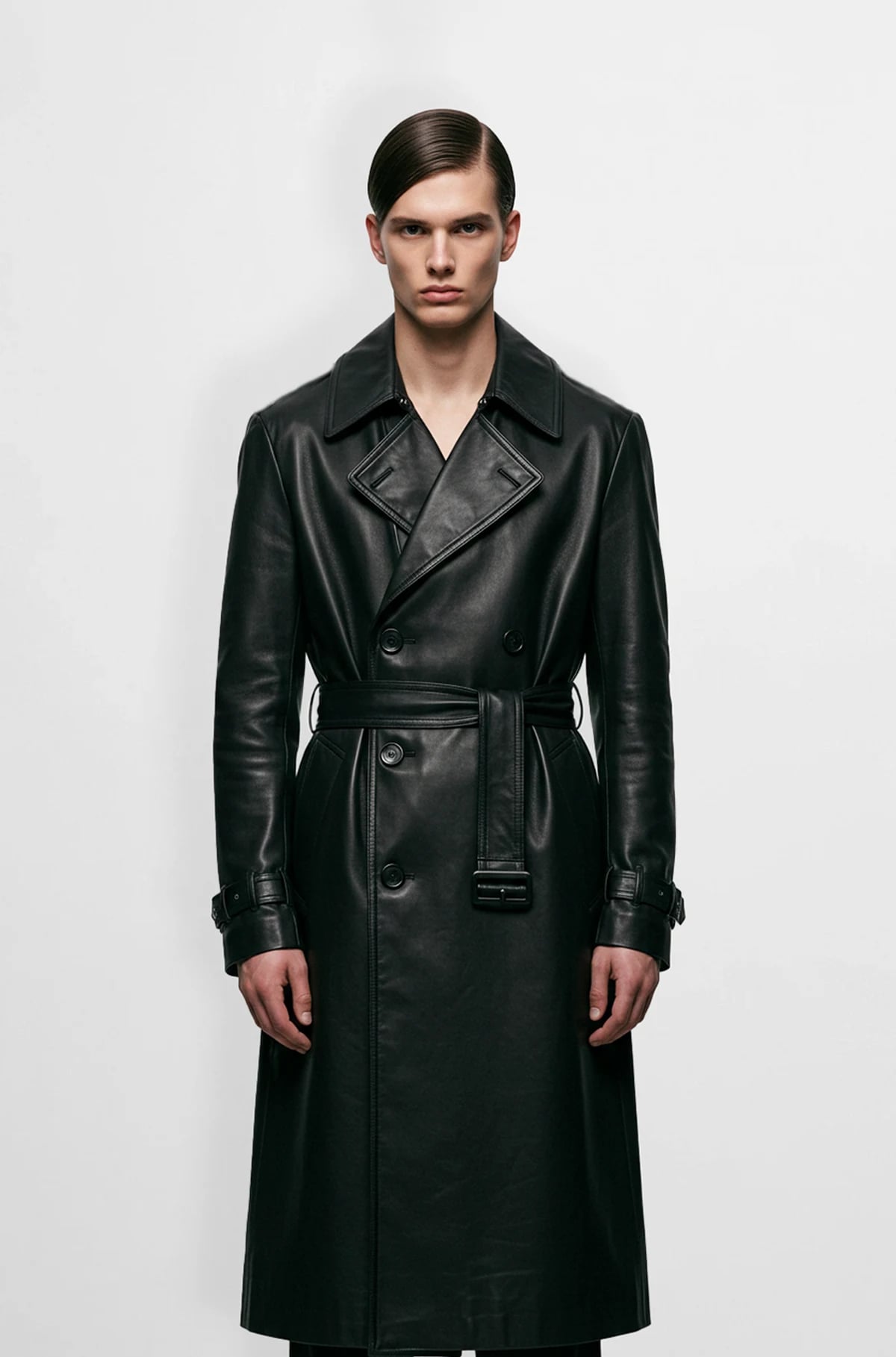 Men's black leather trench coat