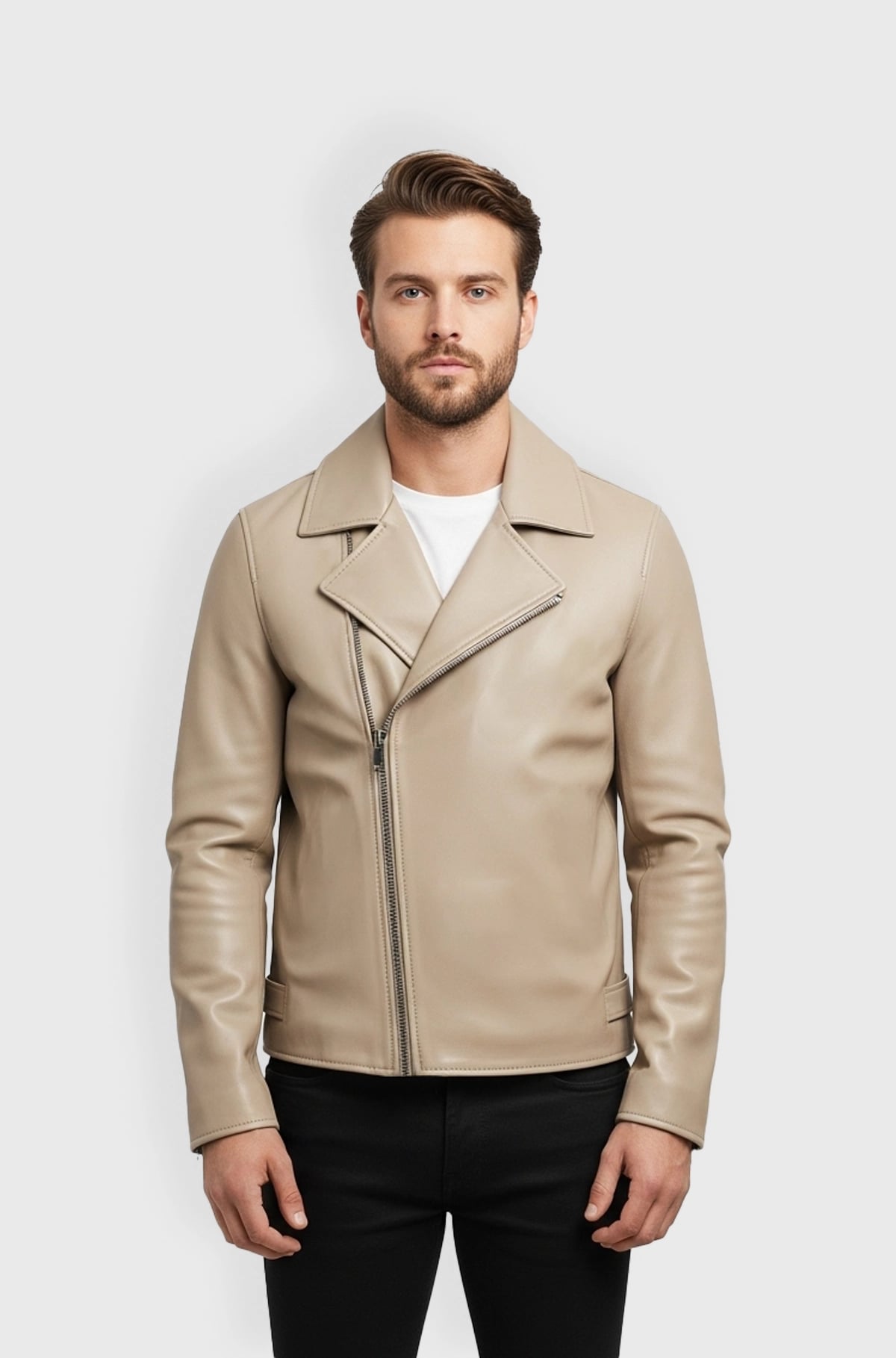 Mens Beige Leather Biker Jacket
