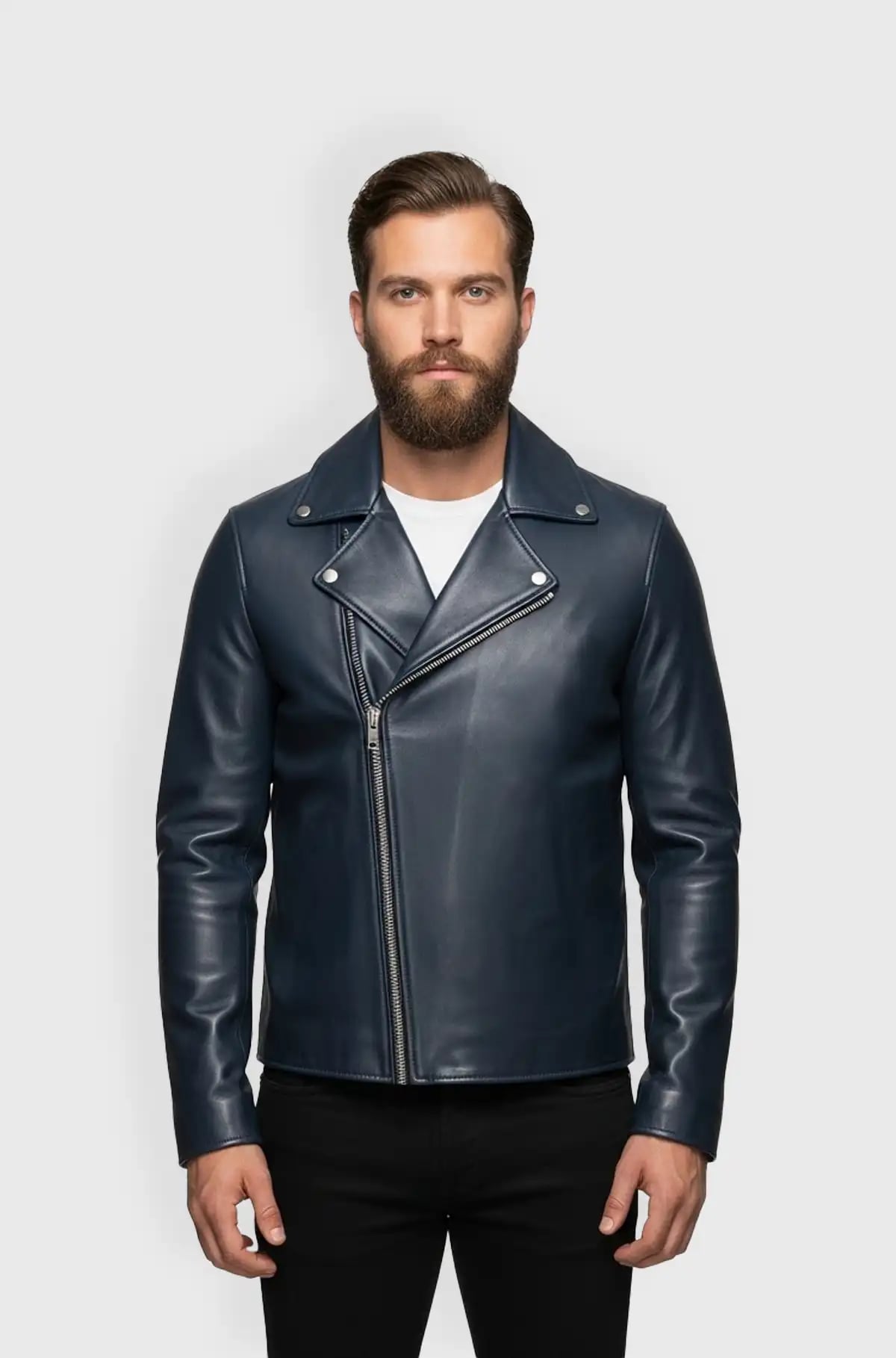 Mens Navy Blue Leather Biker Jacket