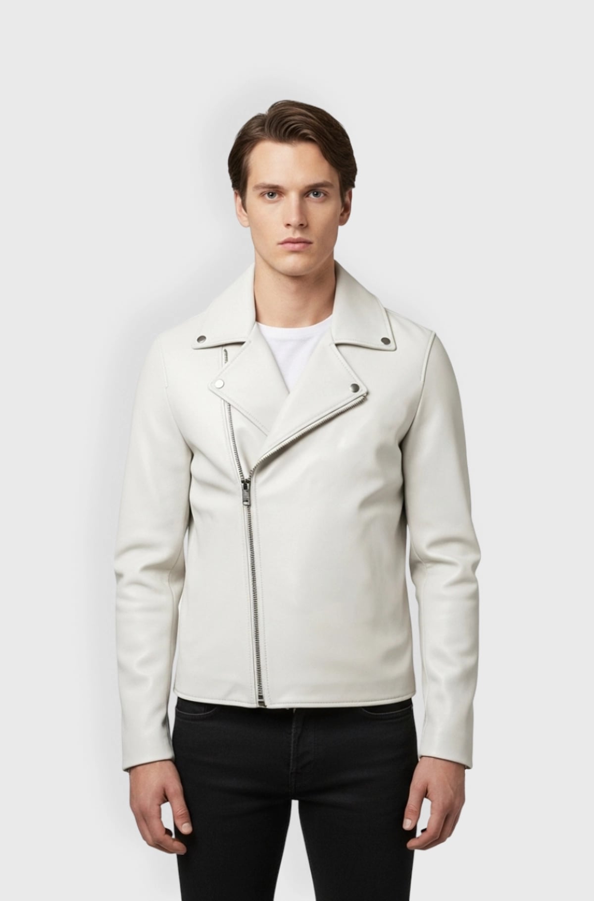 Mens White Leather Biker Jacket