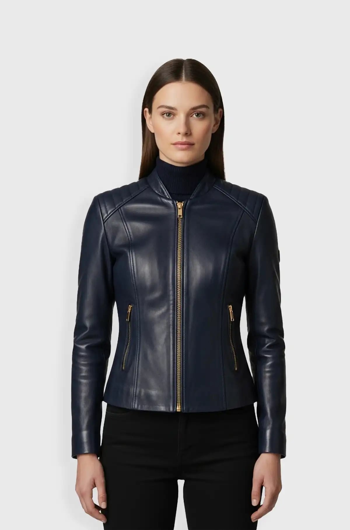 Navy Leather Bomber Jacket For Women