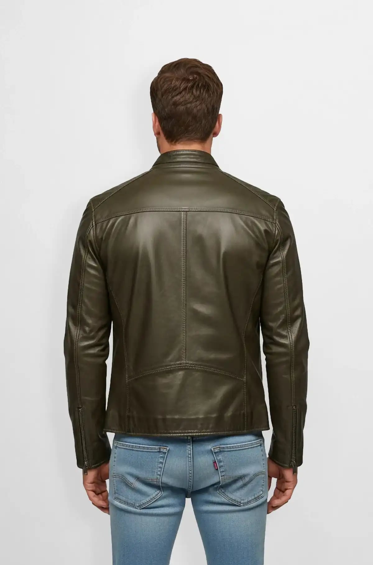 Olive Green Leather Racer Jacket