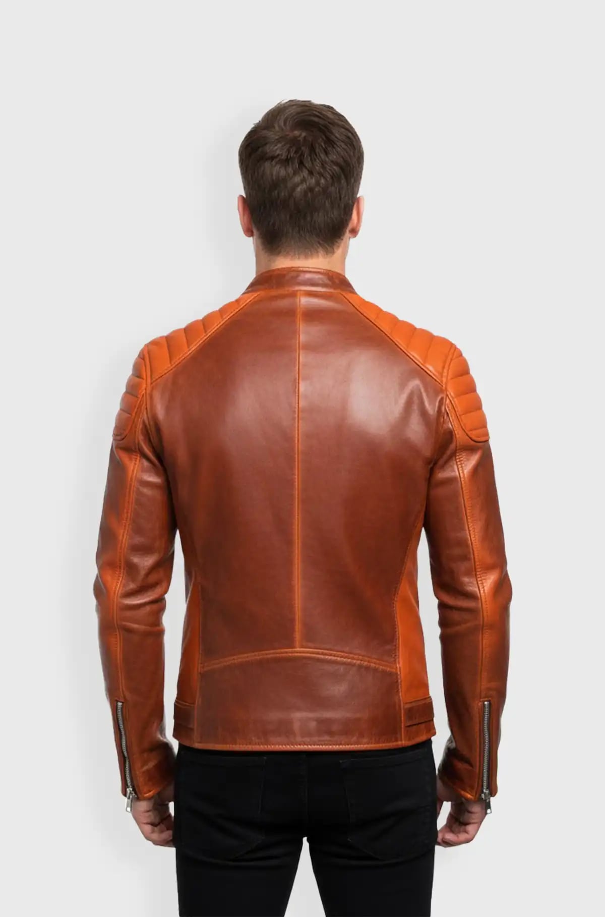 Orange And Brown Leather Biker Jacket