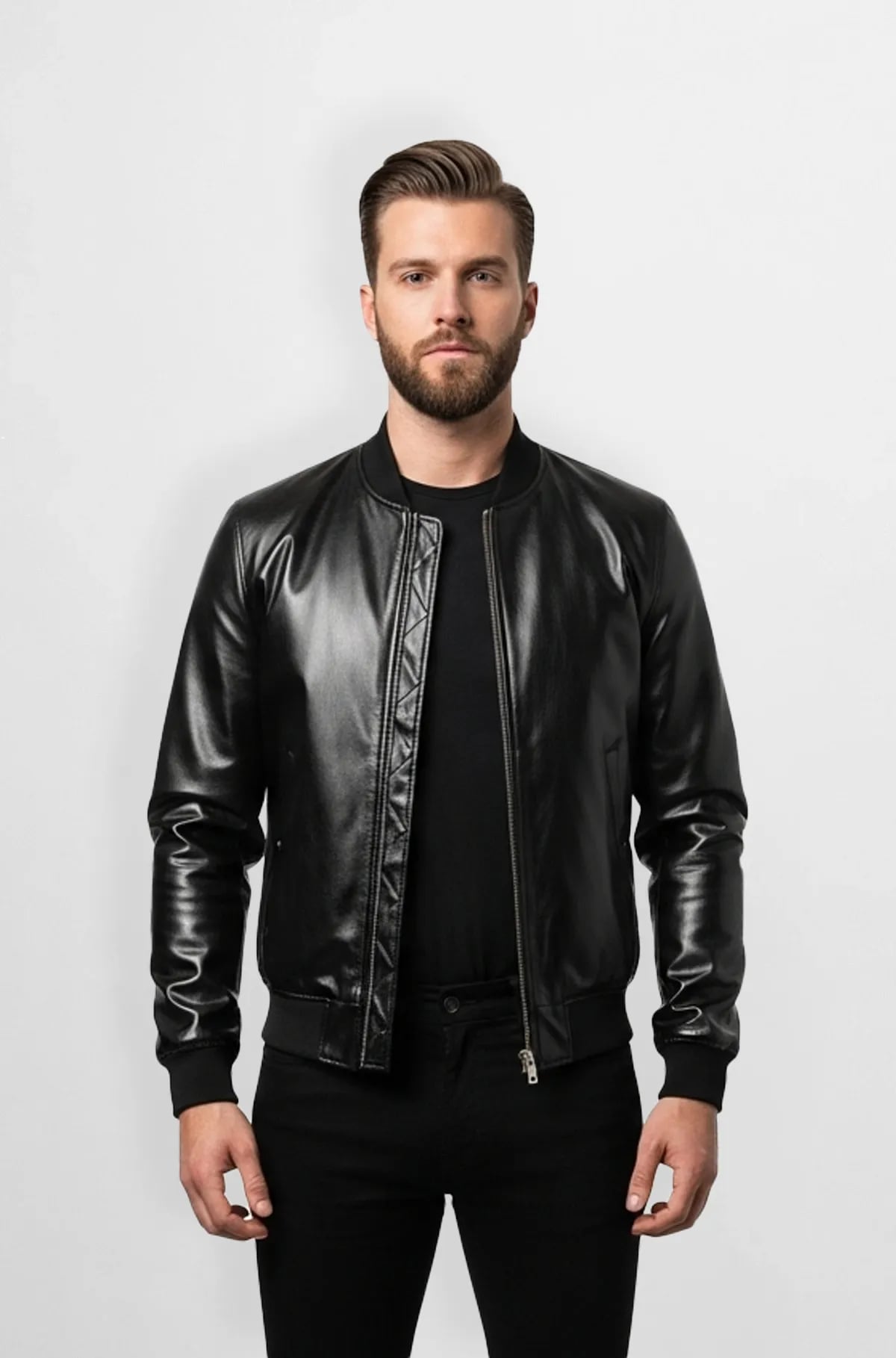 Sleek Black Leather Bomber Jacket