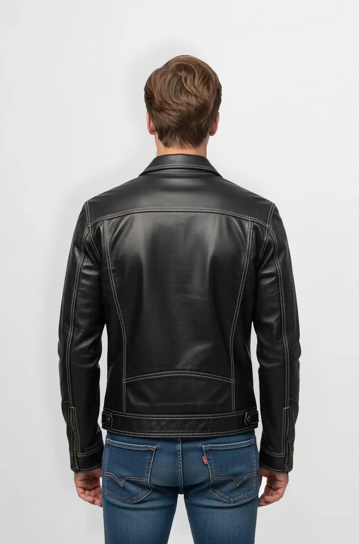Stitched Black Leather Biker Jacket