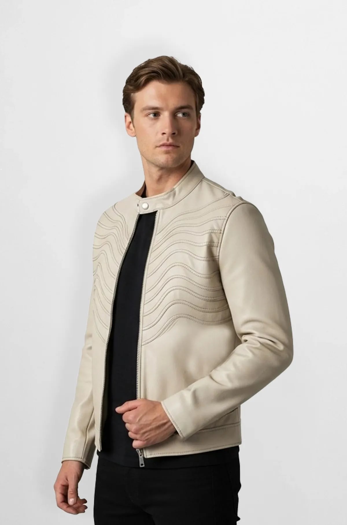 Stitched Cream Leather Bomber Jacket