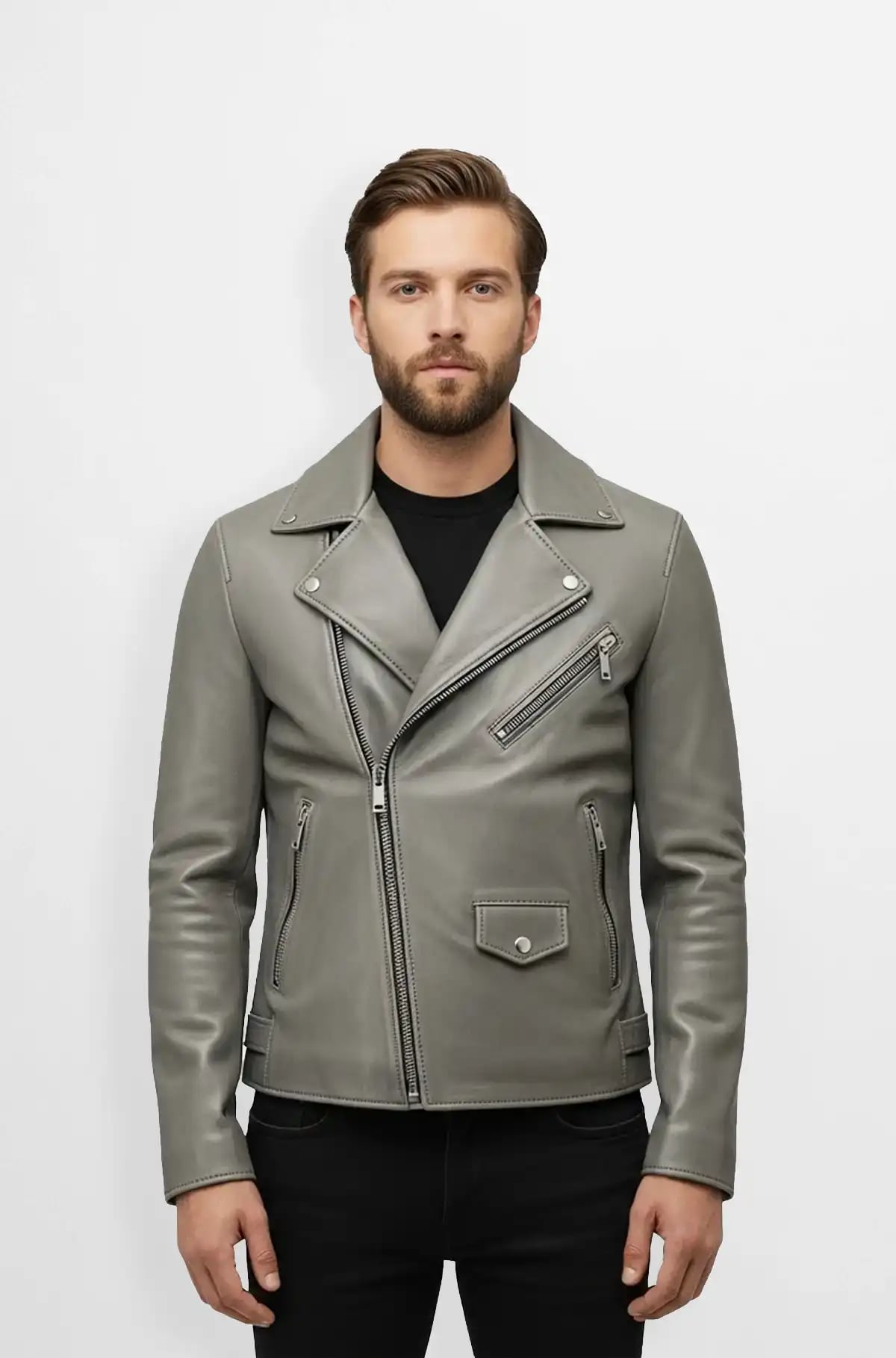 Storm Grey Biker Leather Jacket