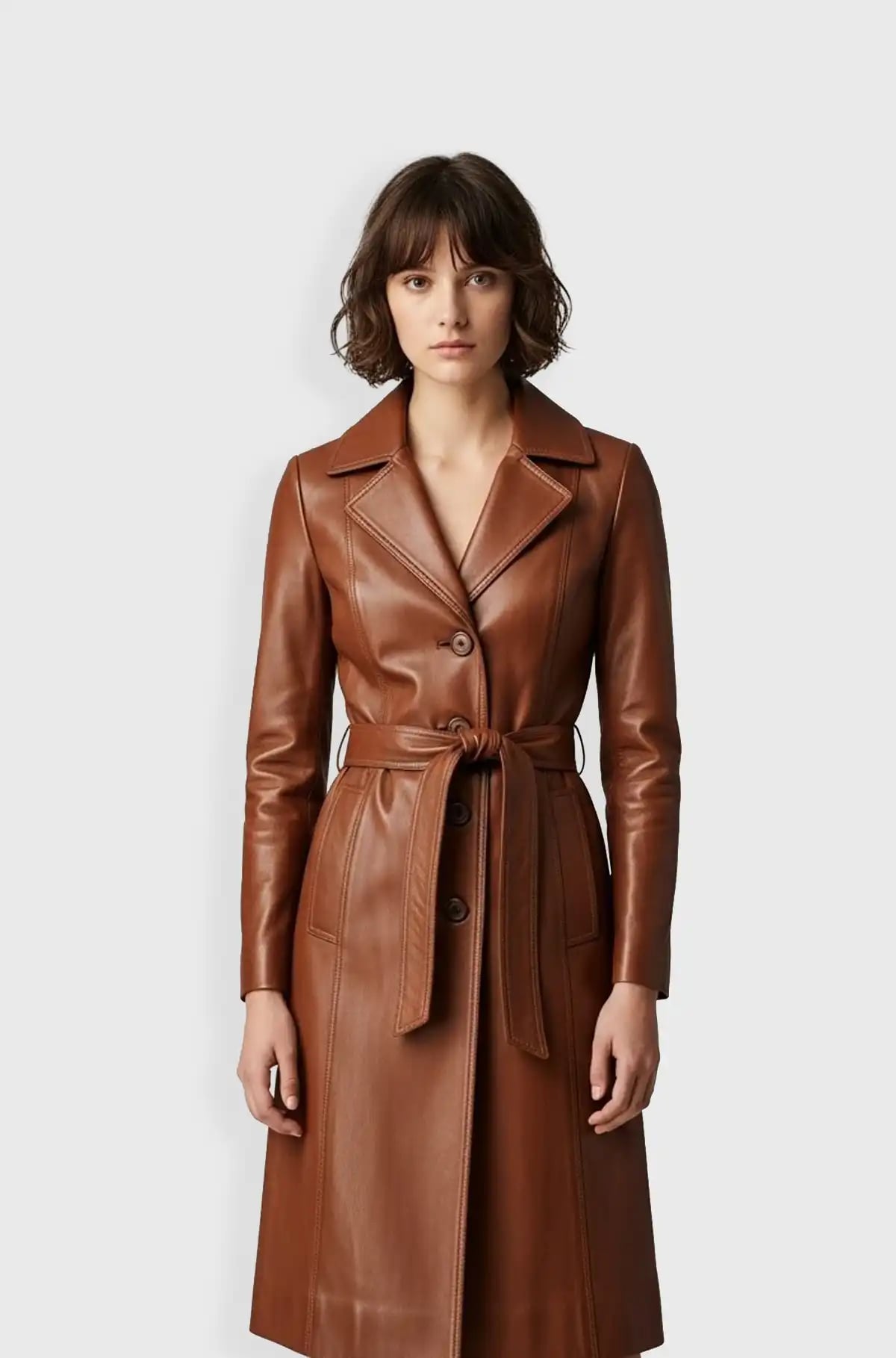 Tan Brown Leather Belted Trench Coat