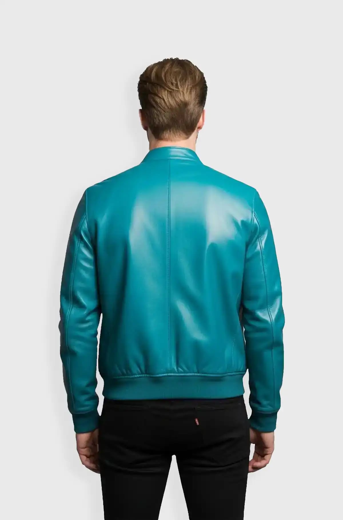 Teal Blue Leather Bomber Jacket