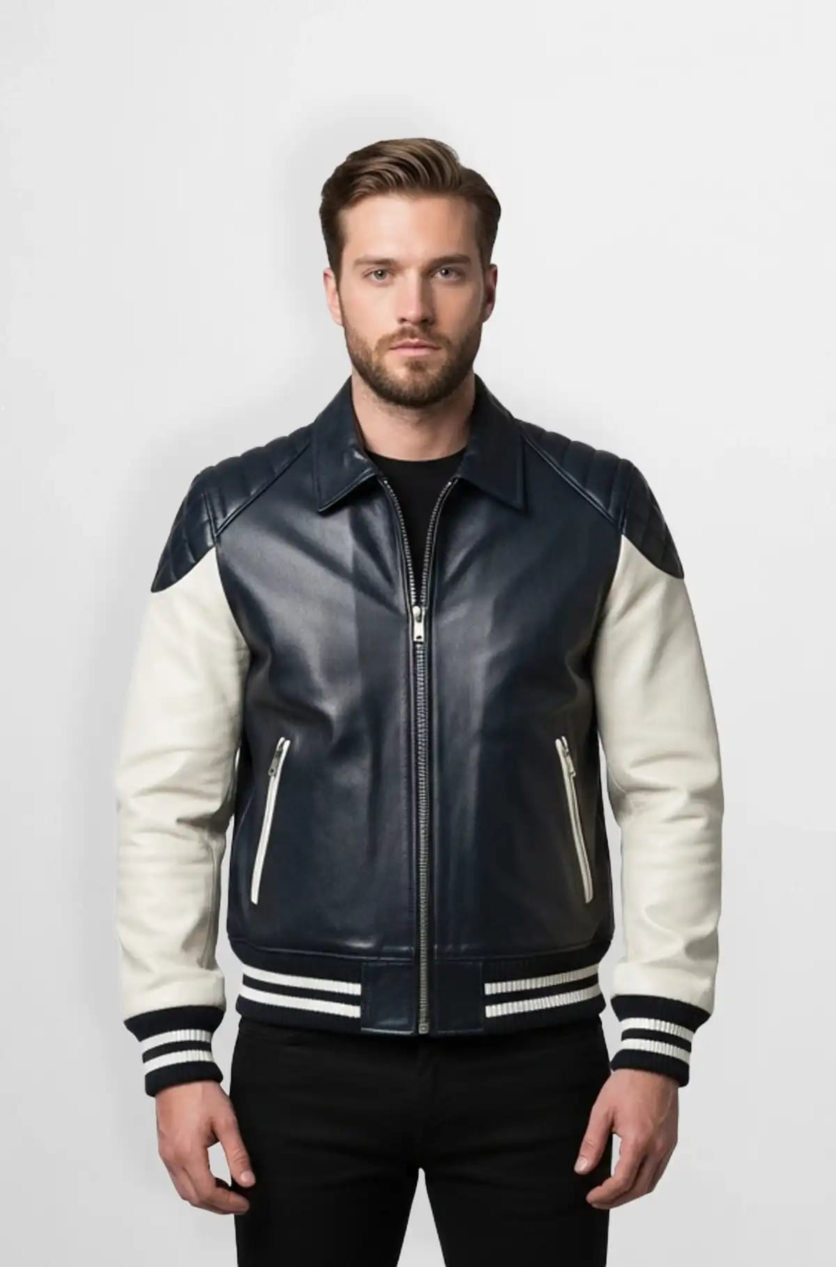 The Navy And White Leather Varsity Jacket