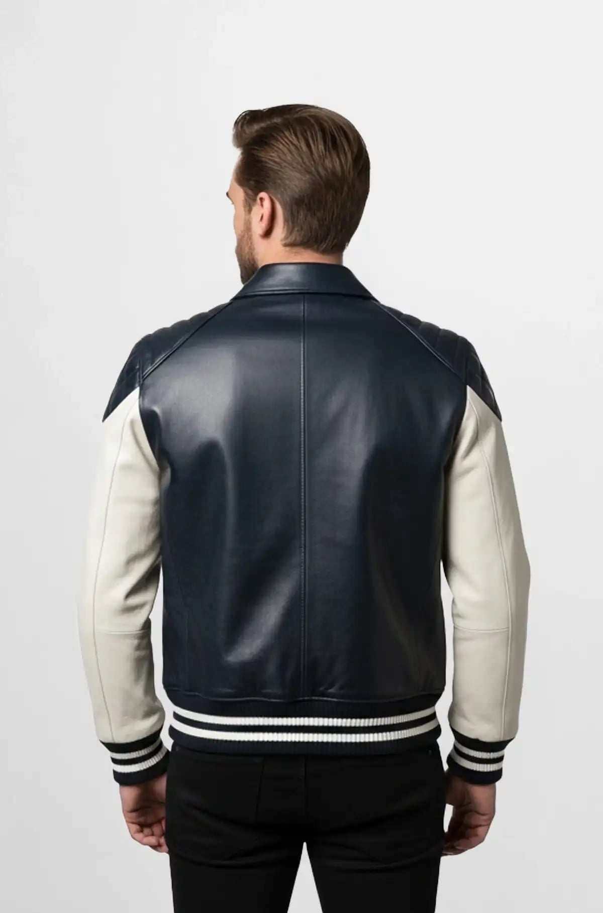 The Navy And White Leather Varsity Jacket