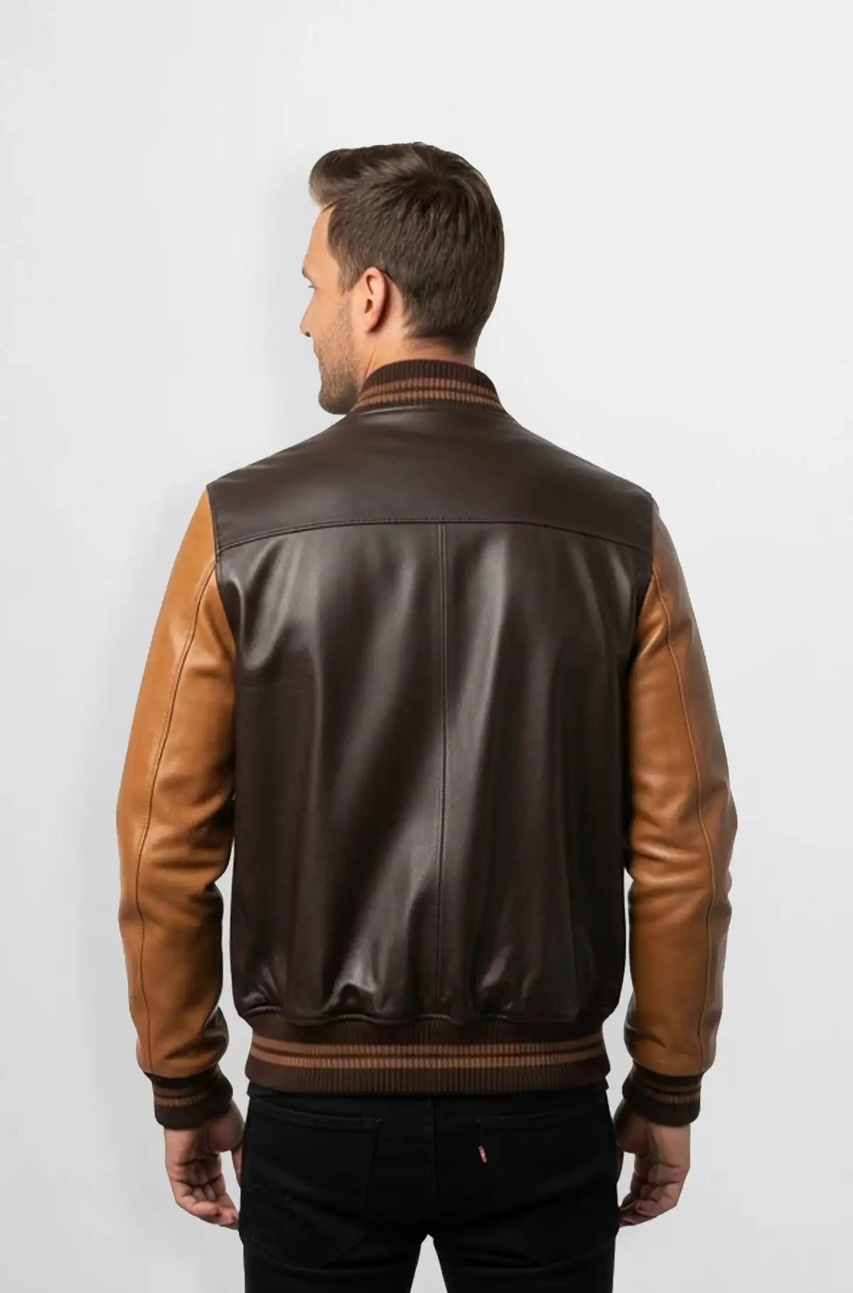Umber Brown Leather Bomber Jacket