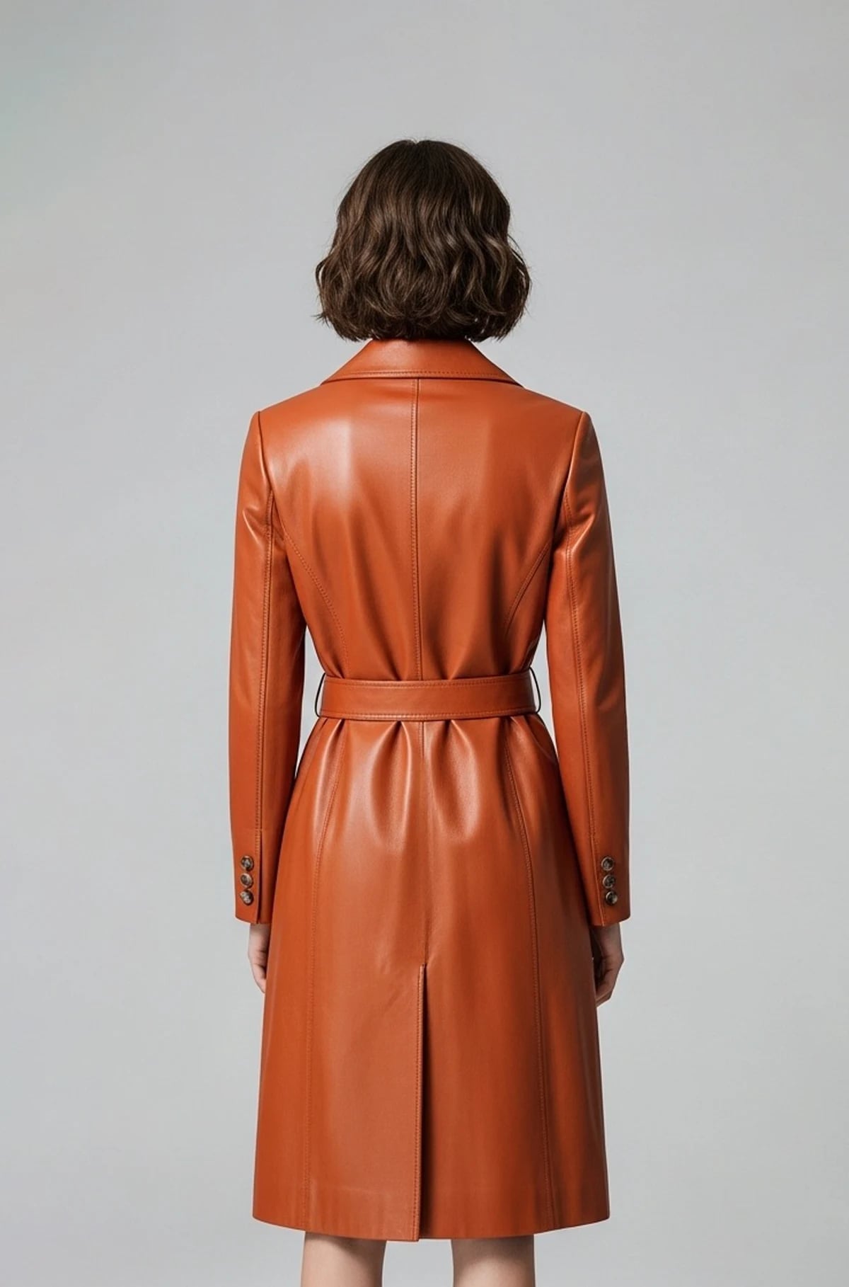 Women Cognac Leather Trench Coat