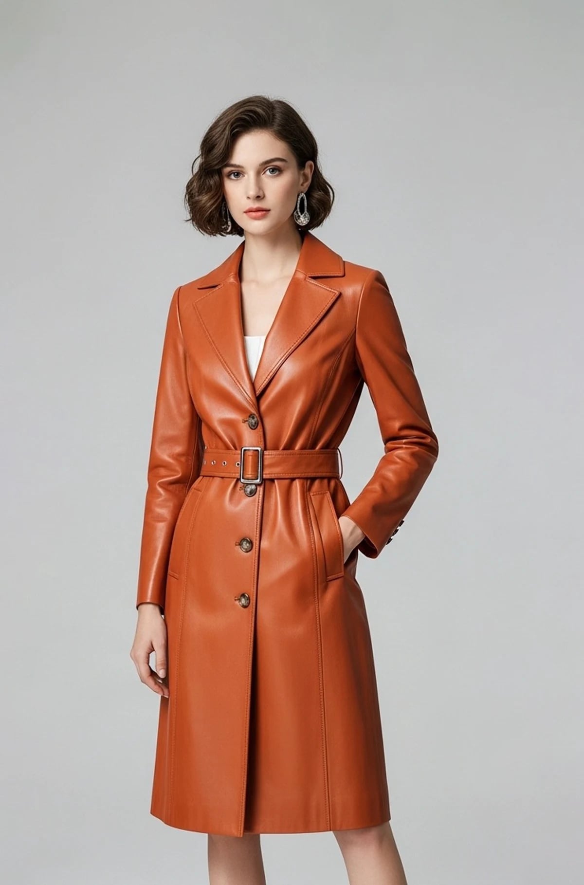 Women Cognac Leather Trench Coat