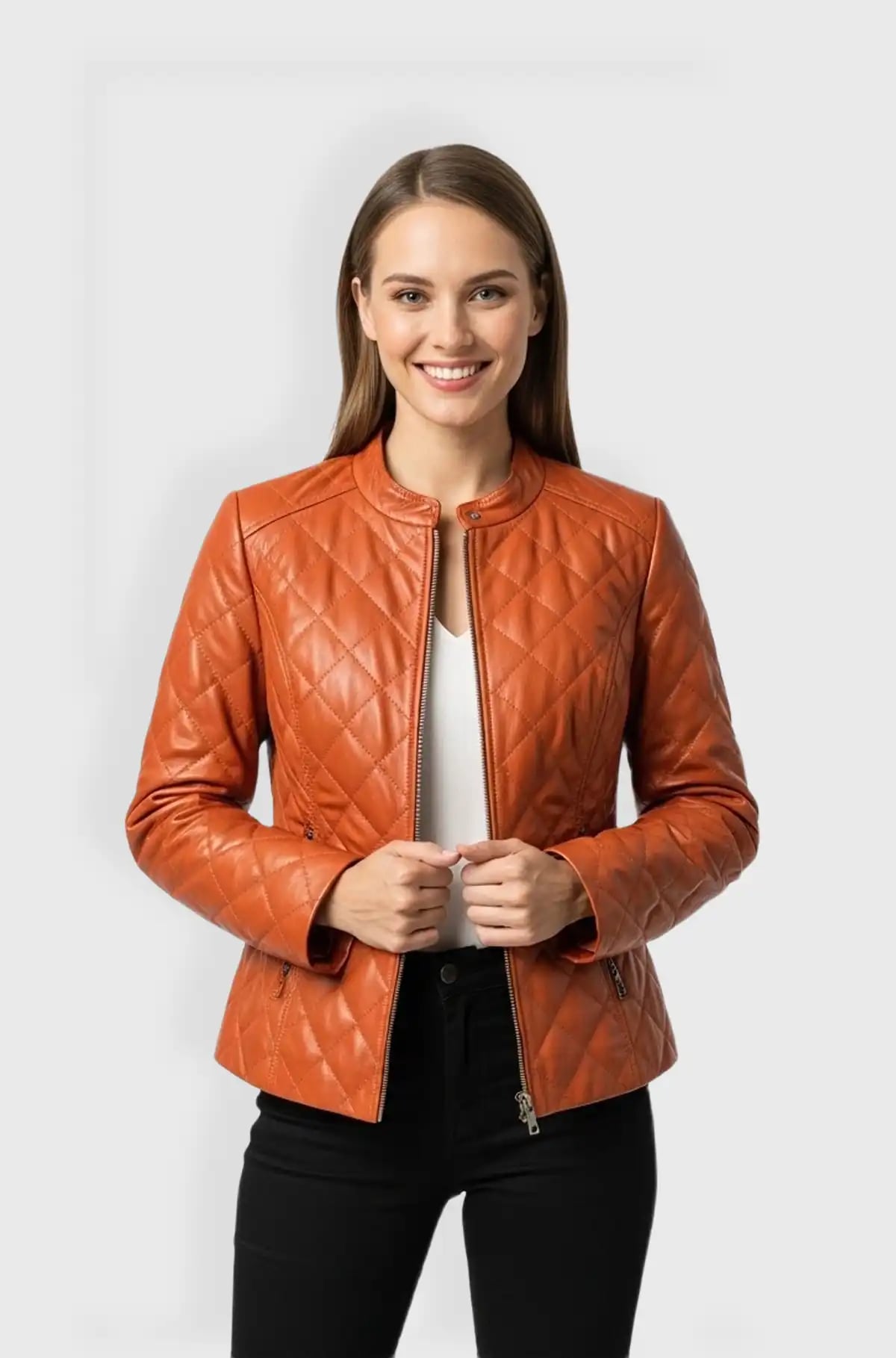 Womens Orange Quilted Leather Jacket