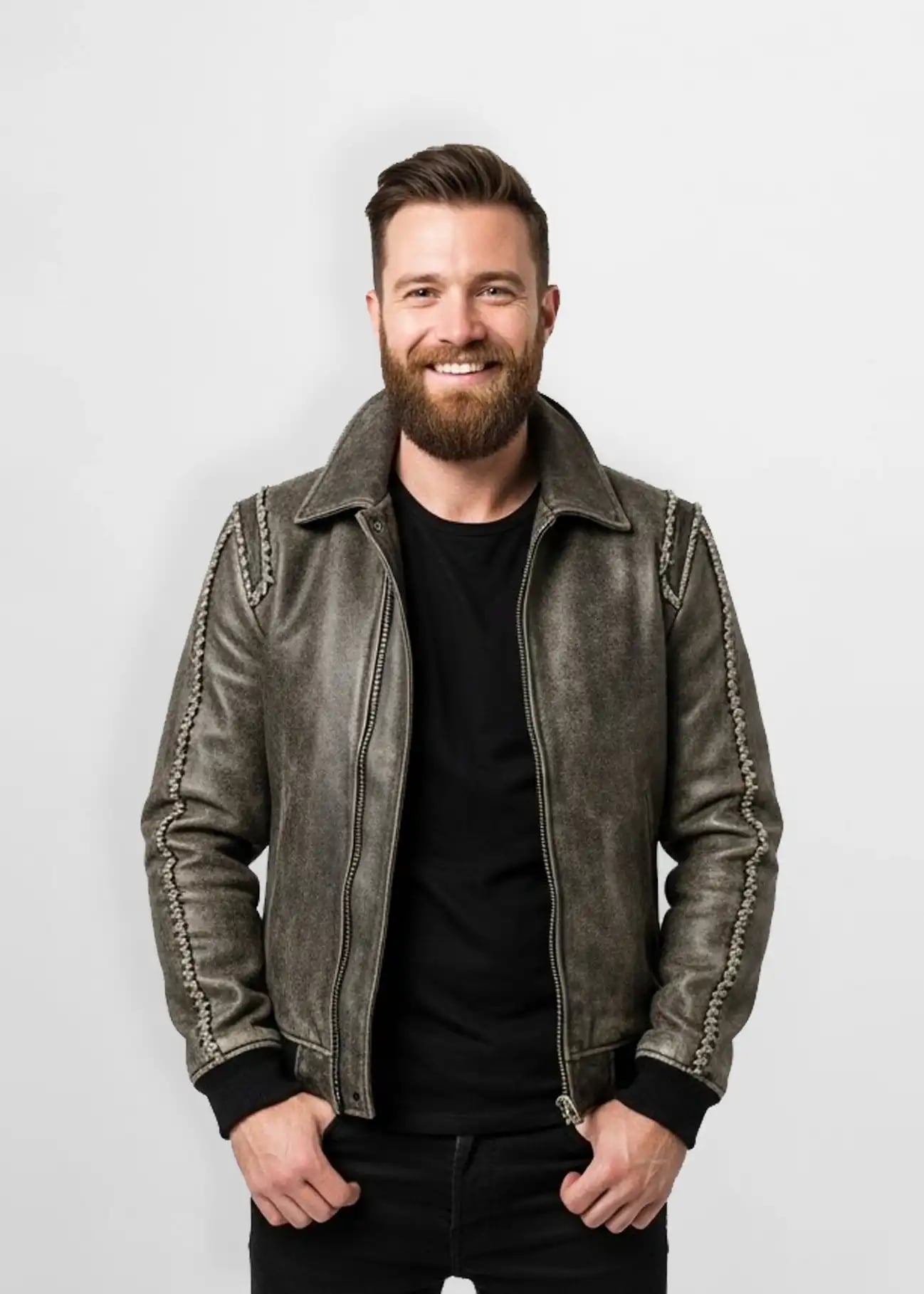 Ash Grey Distressed Leather Bomber Jacket Ash Grey Distressed Leather Bomber Jacket