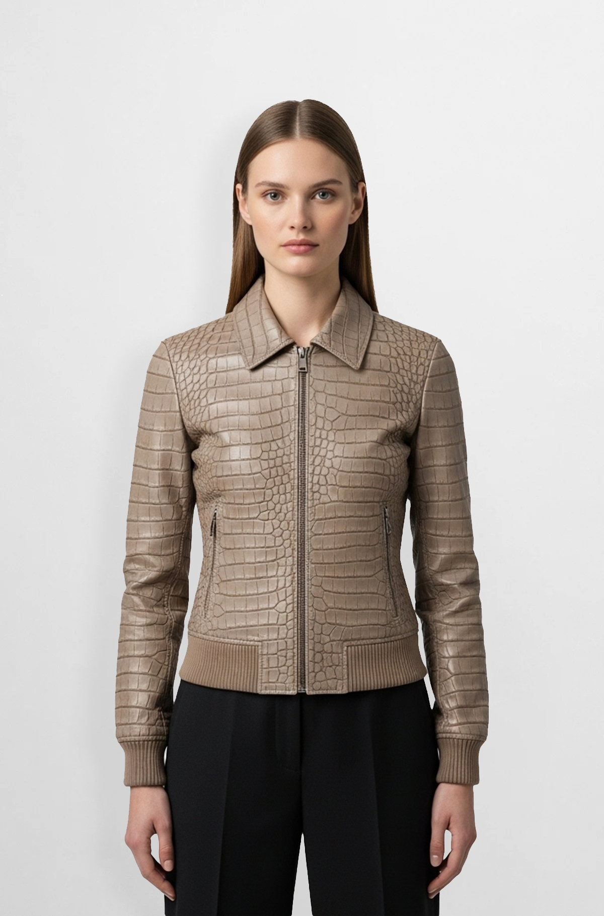 Beige Crocodile Textured Leather Bomber Jacket Beige Crocodile Textured Leather Bomber Jacket