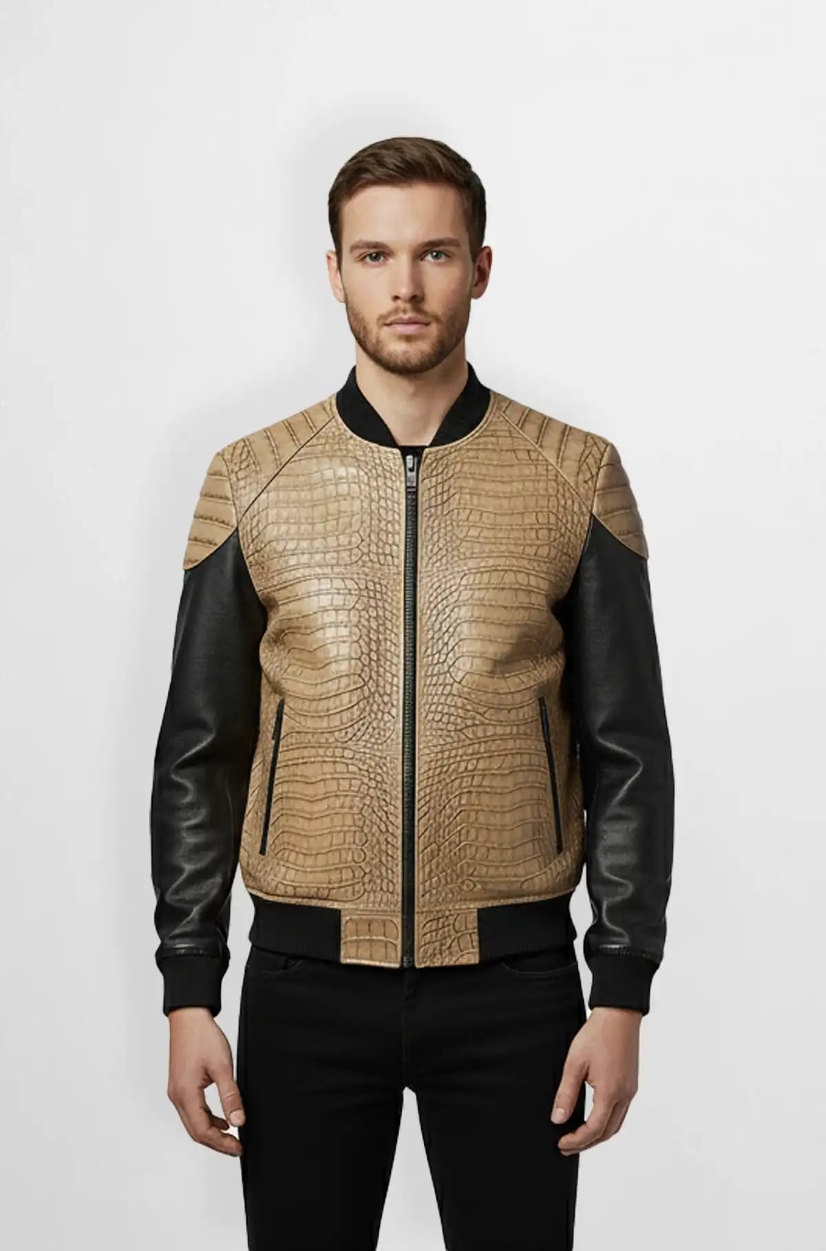 Beige with Black Crocodile Leather Shoulders Beige with Black Crocodile Leather Shoulders