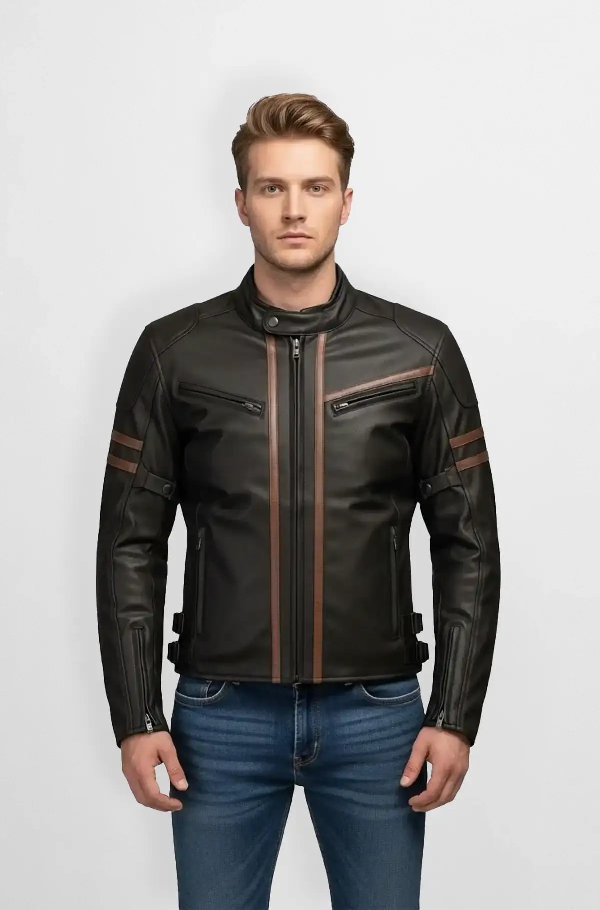 Black And Brown Stripes Leather Biker Jacket Black And Brown Stripes Leather Biker Jacket