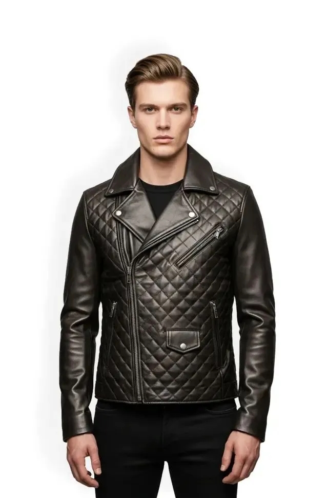 Black and Grey Quilted Leather Biker Jacket Black and Grey Quilted Leather Biker Jacket
