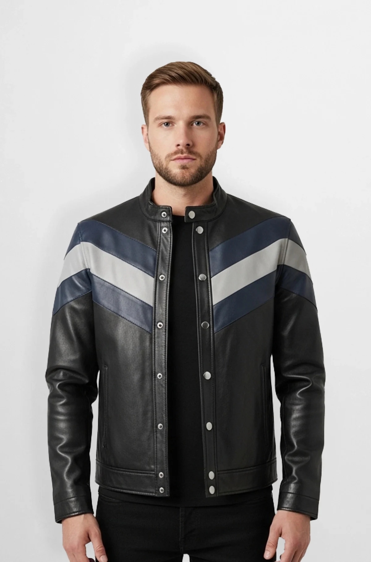 Black Chevron Panel Leather Racer Jacket Black Chevron Panel Leather Racer Jacket