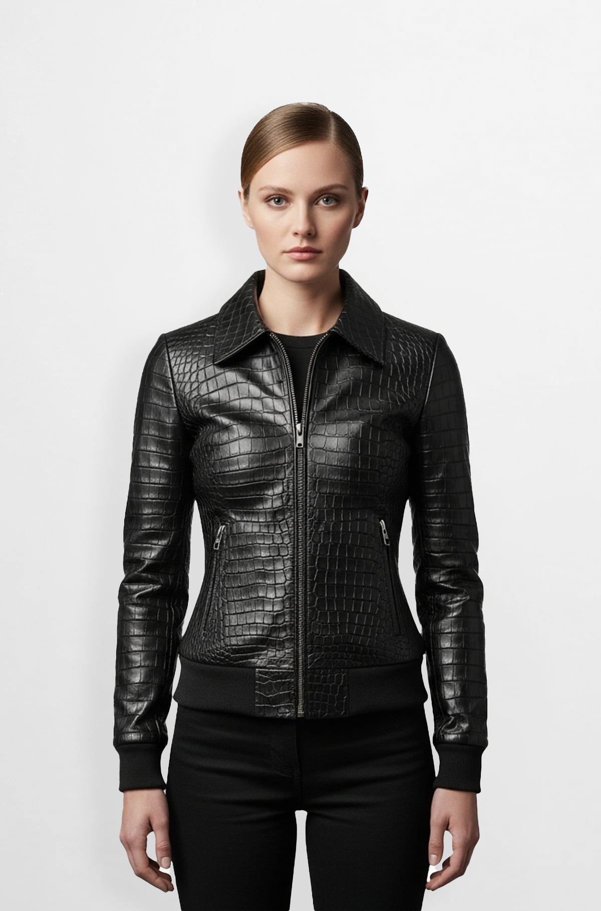 Black Crocodile Embossed Leather Bomber Jacket Black Crocodile Embossed Leather Bomber Jacket