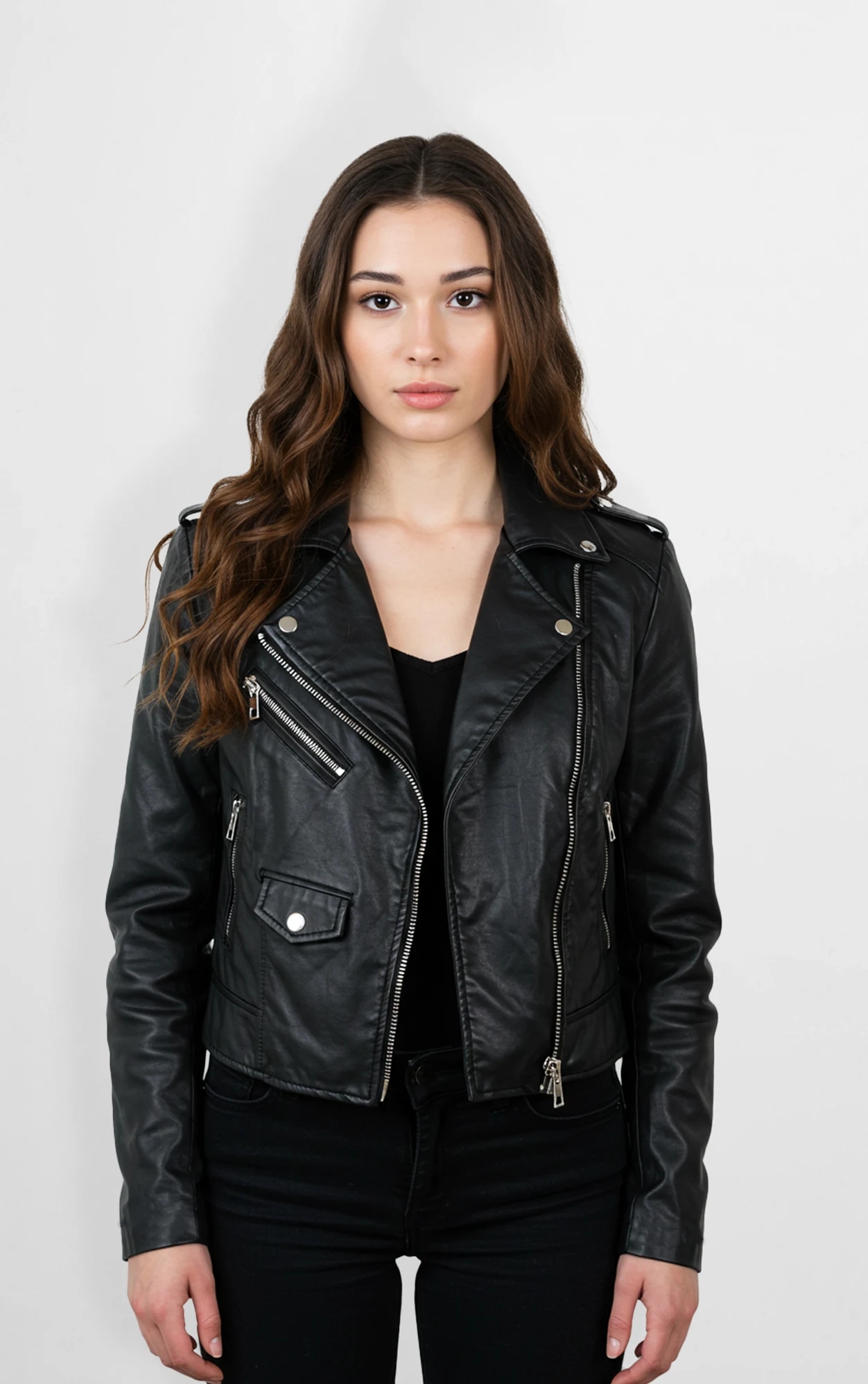 Black Faux Leather Biker Jacket for Women Black Faux Leather Biker Jacket for Women