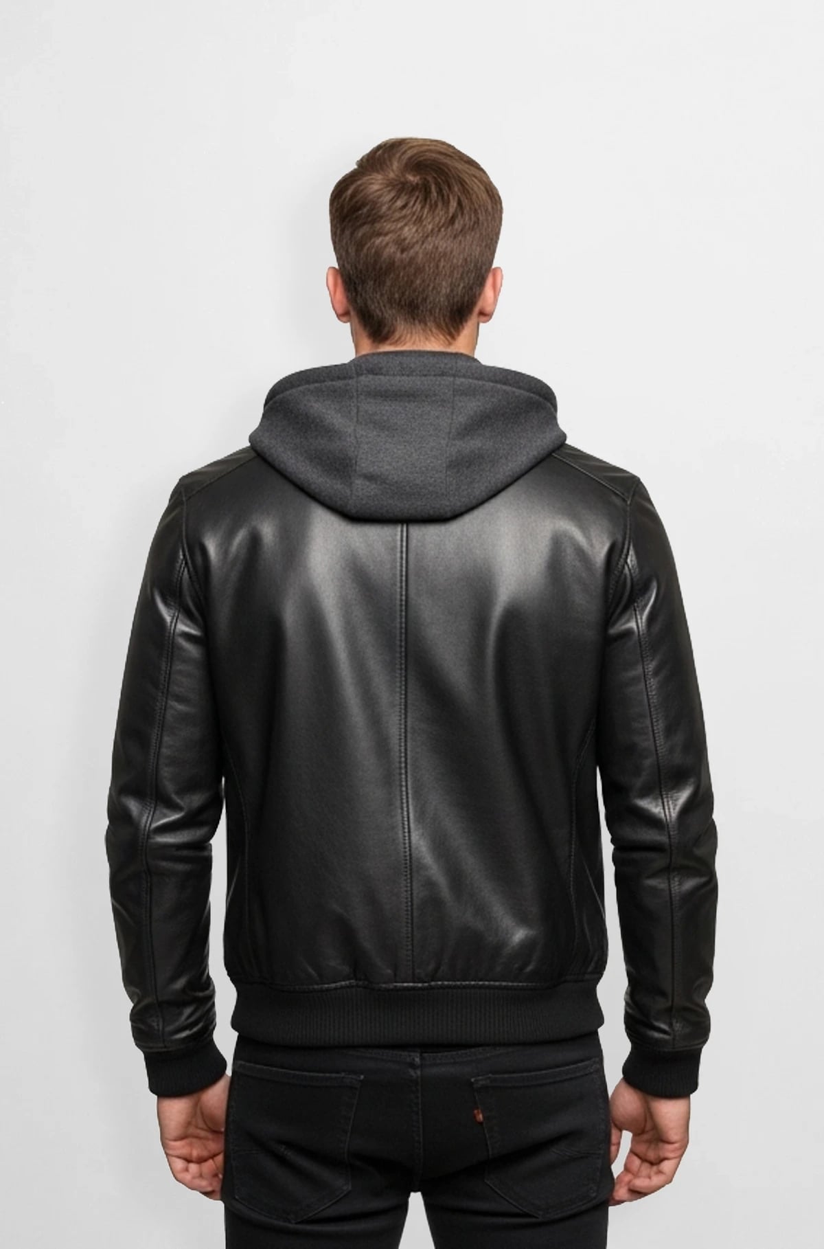 Black Hooded Bomber Leather Jacket Black Hooded Bomber Leather Jacket