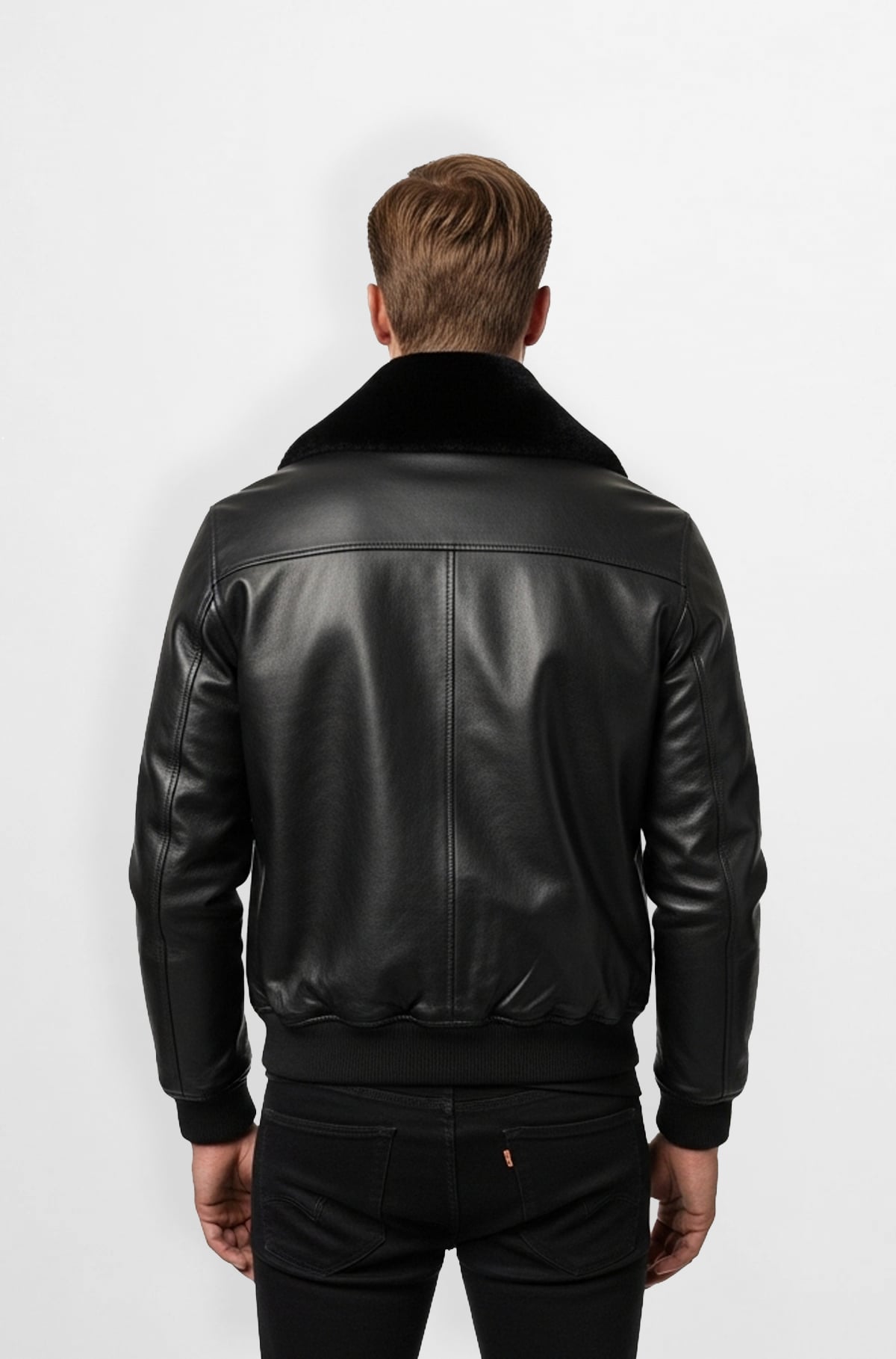 Black Leather Bomber Jacket with Fur Collar Black Leather Bomber Jacket with Fur Collar