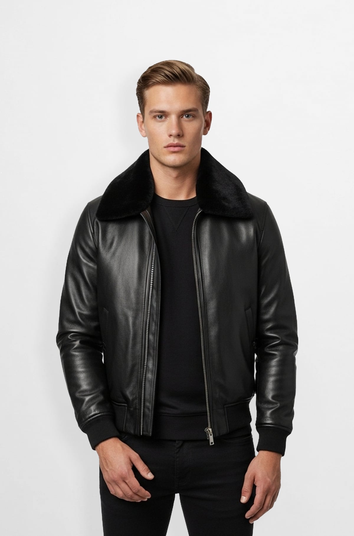 Black Leather Bomber Jacket with Fur Collar Black Leather Bomber Jacket with Fur Collar
