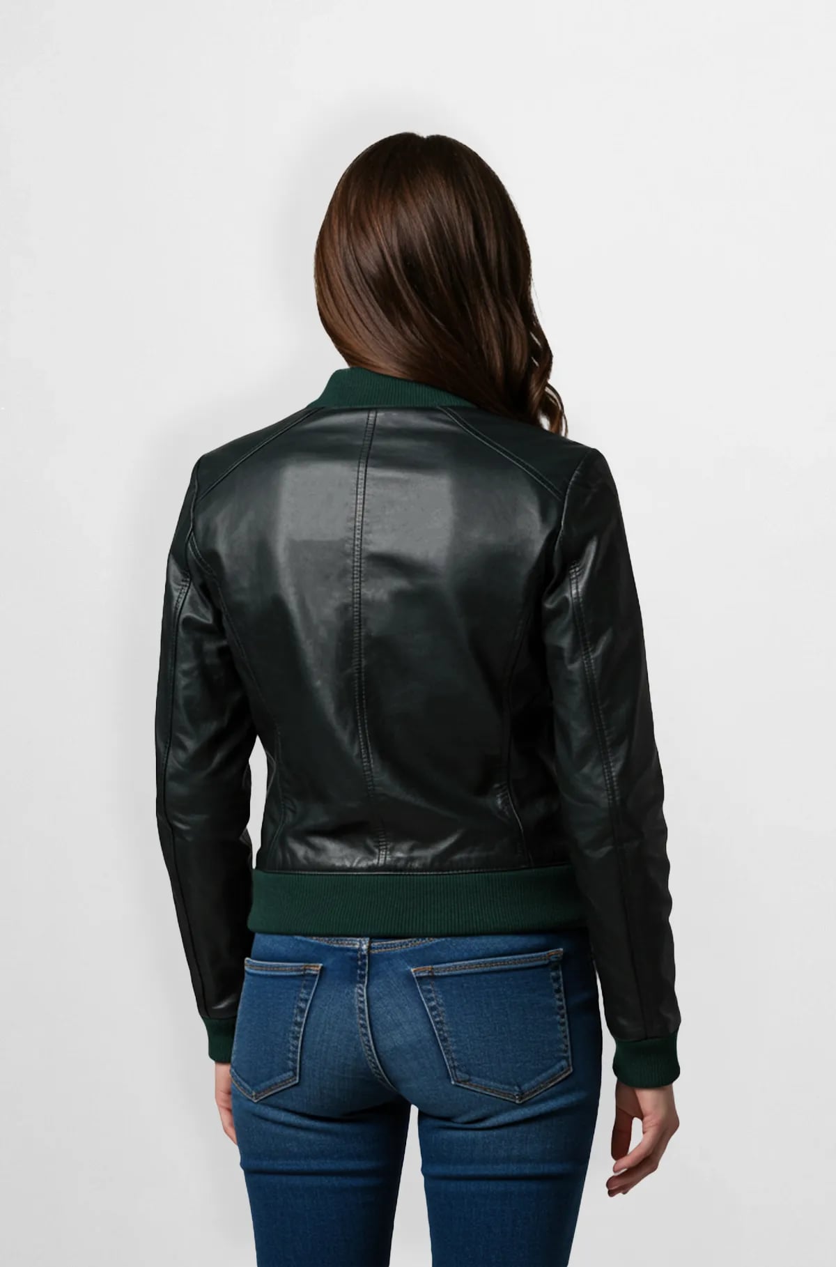Black Leather Bomber Jacket with Green Knit Cuffs Black Leather Bomber Jacket with Green Knit Cuffs